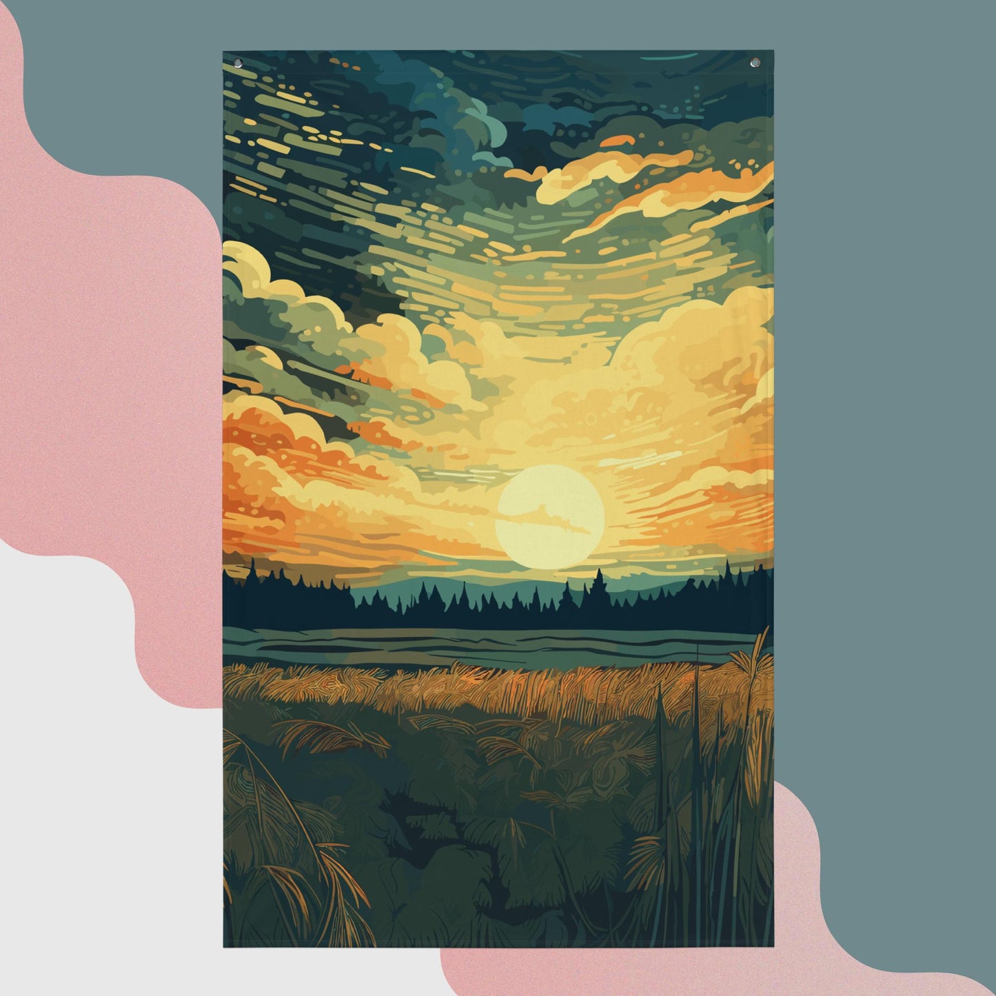 Crop Field Sunset Flag Poster