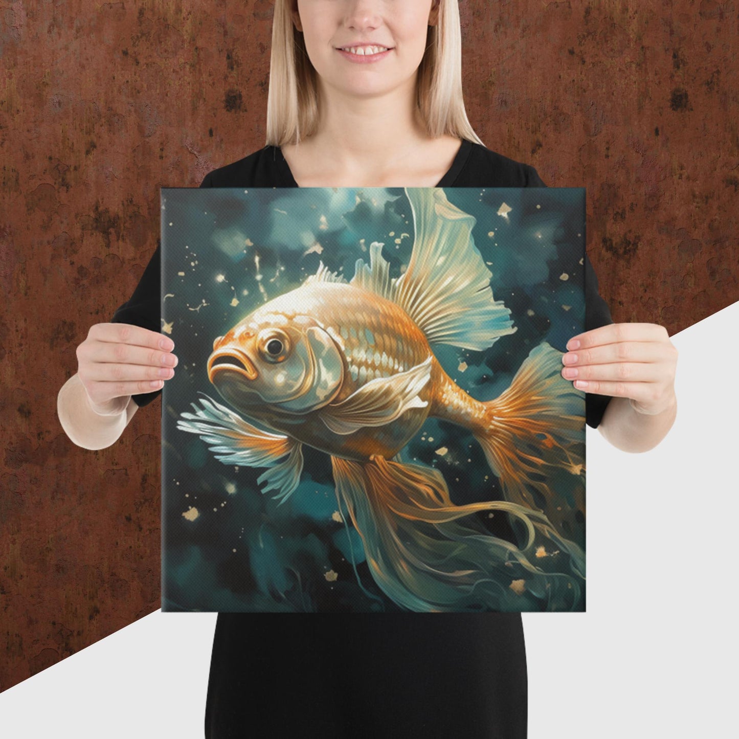 Dark Turquoise Gold Fish Canvas Poster