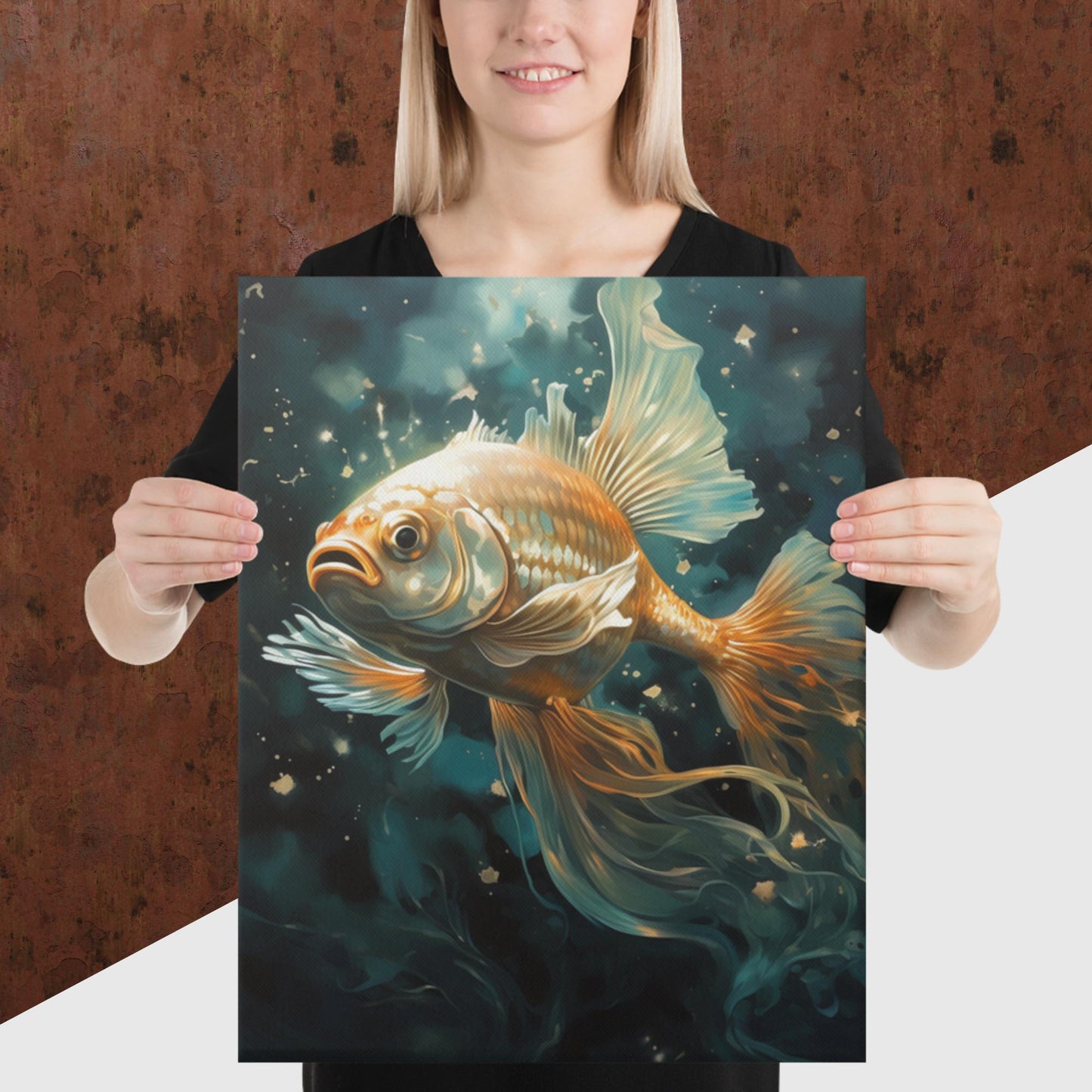 Dark Turquoise Gold Fish Canvas Poster