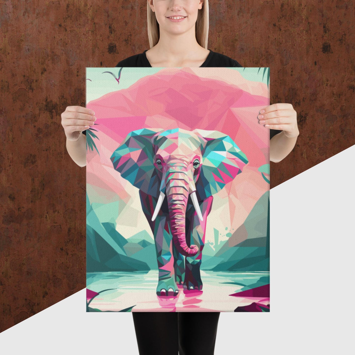 Green and Pink Elephant Canvas Poster