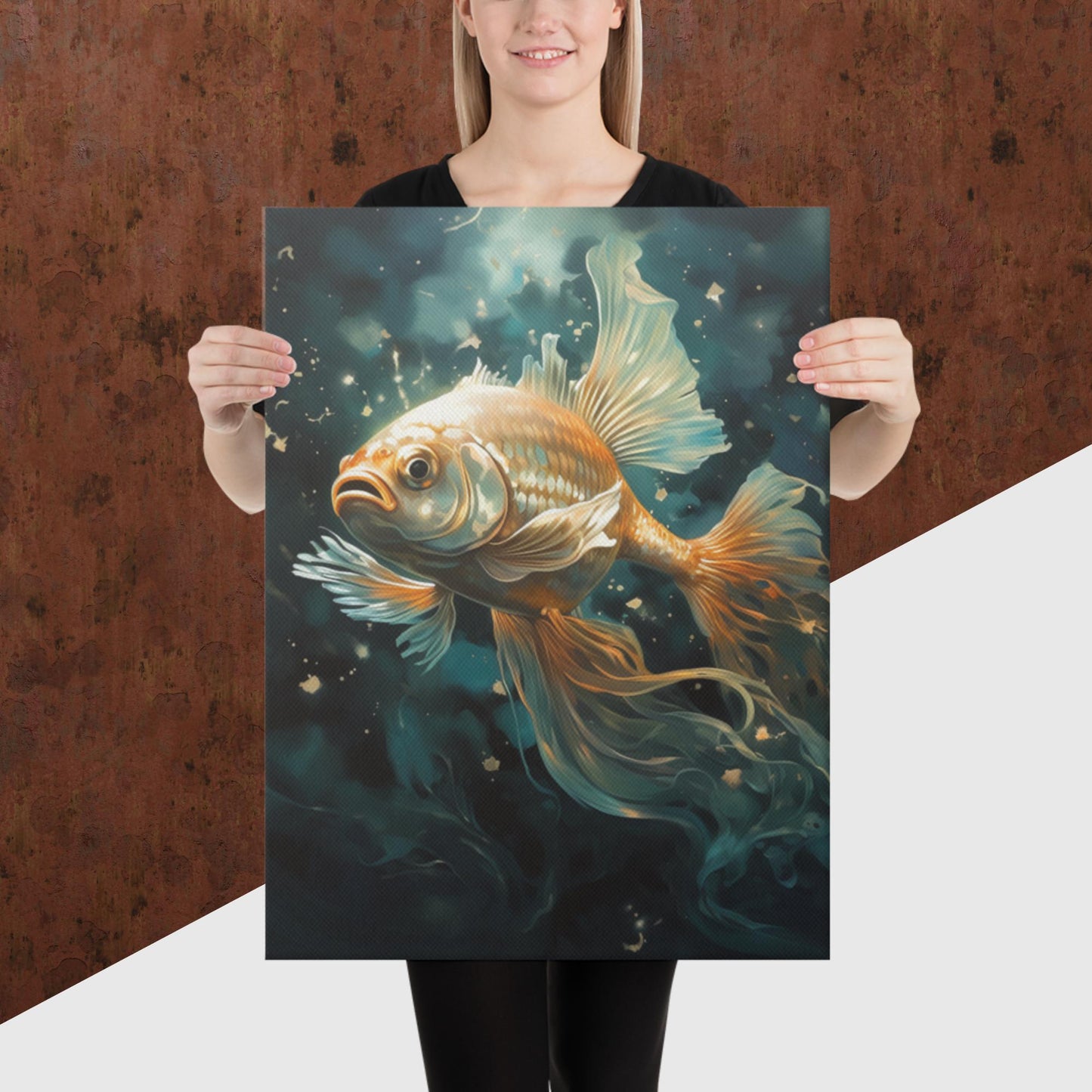 Dark Turquoise Gold Fish Canvas Poster