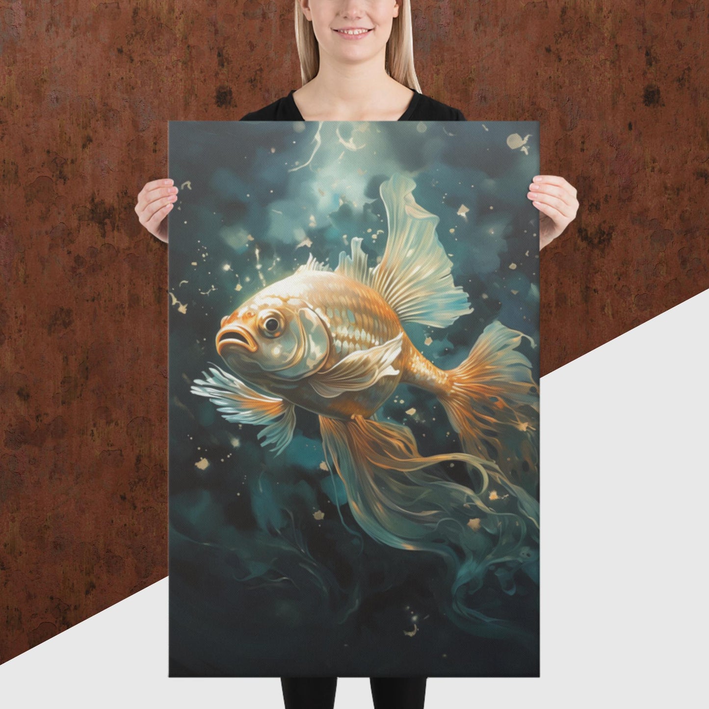 Dark Turquoise Gold Fish Canvas Poster