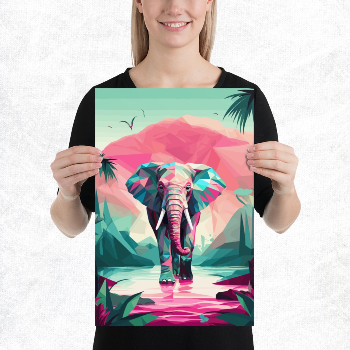 Green and Pink Elephant Paper Poster