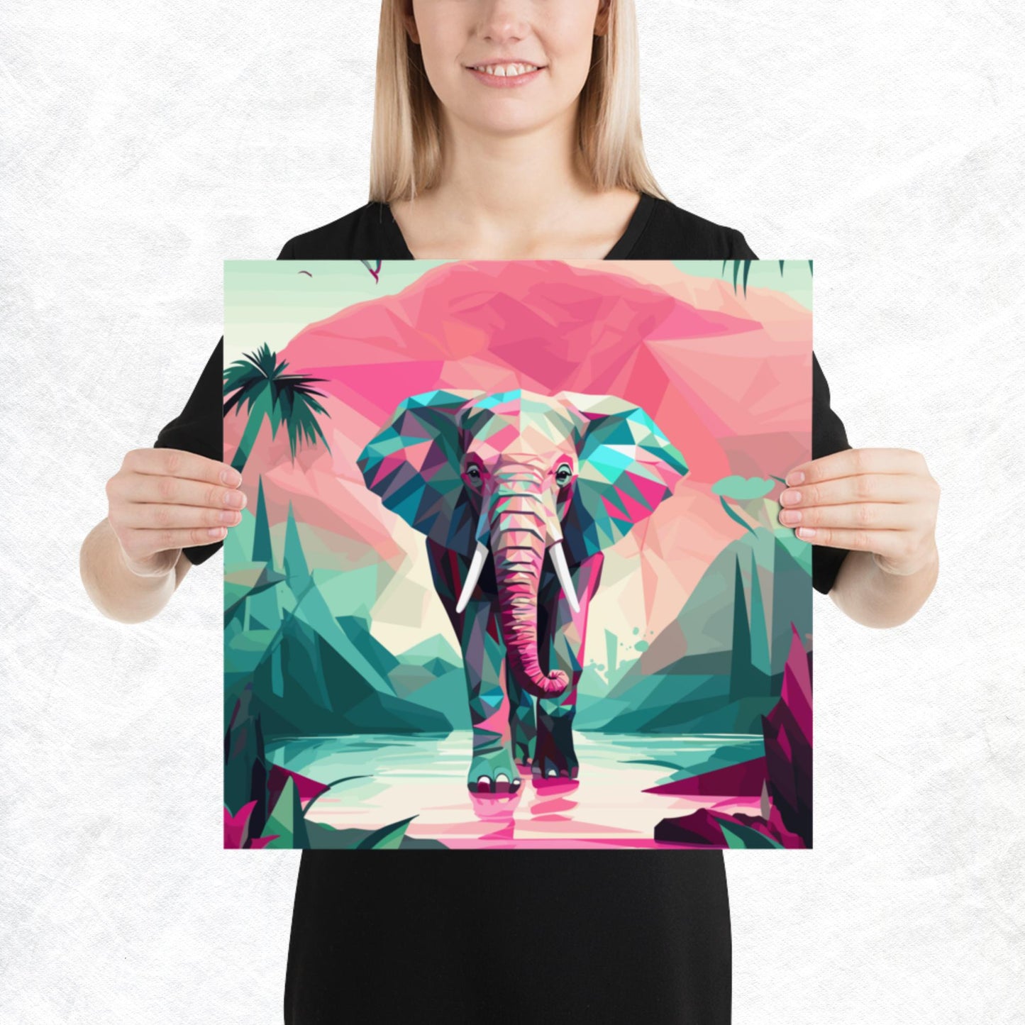 Green and Pink Elephant Paper Poster