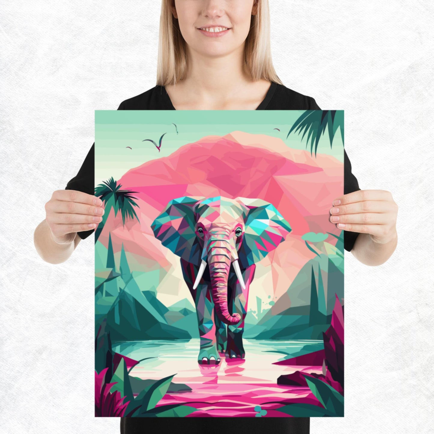 Green and Pink Elephant Paper Poster