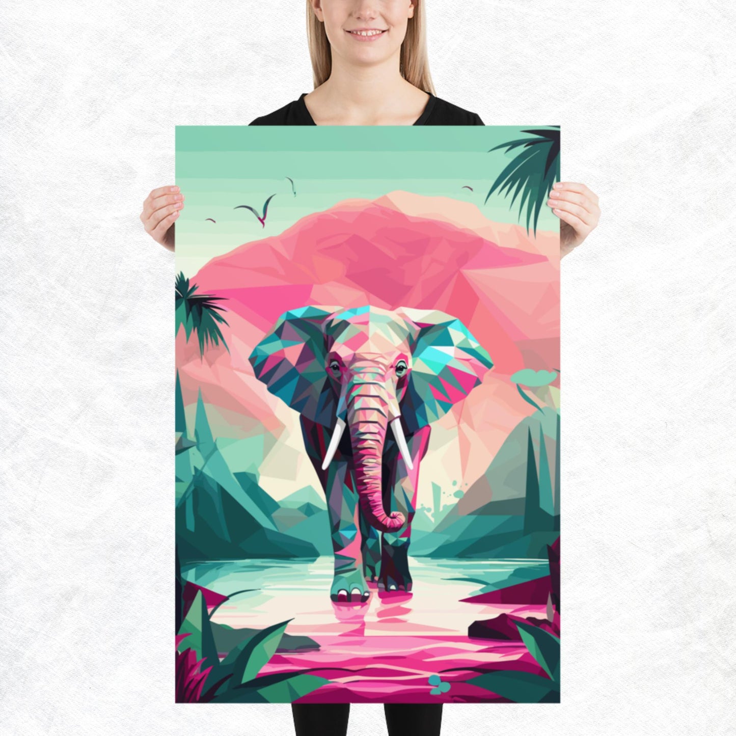 Green and Pink Elephant Paper Poster