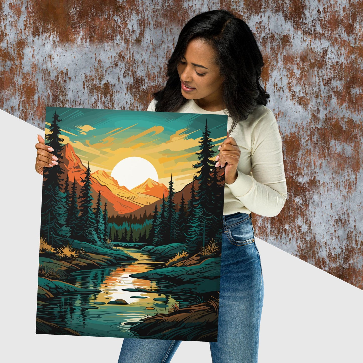 Forest Mountain River Metal Poster