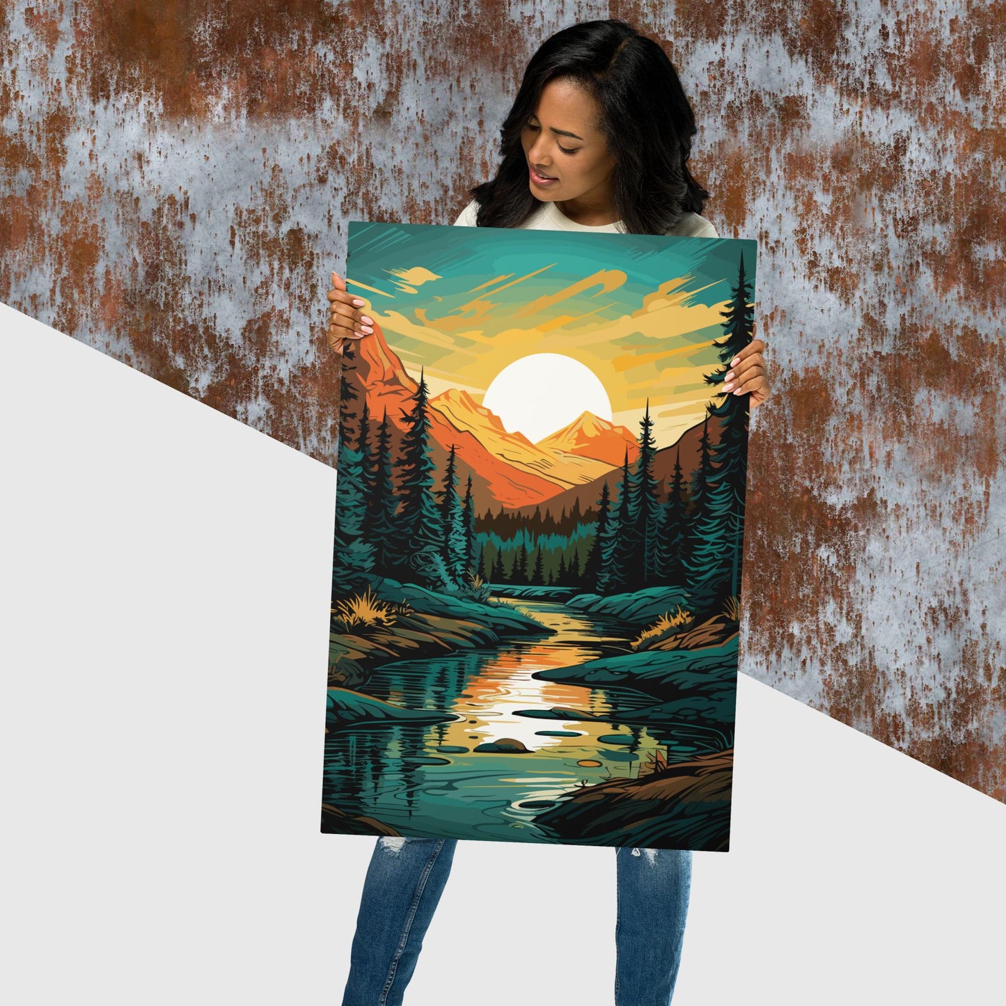 Forest Mountain River Metal Poster