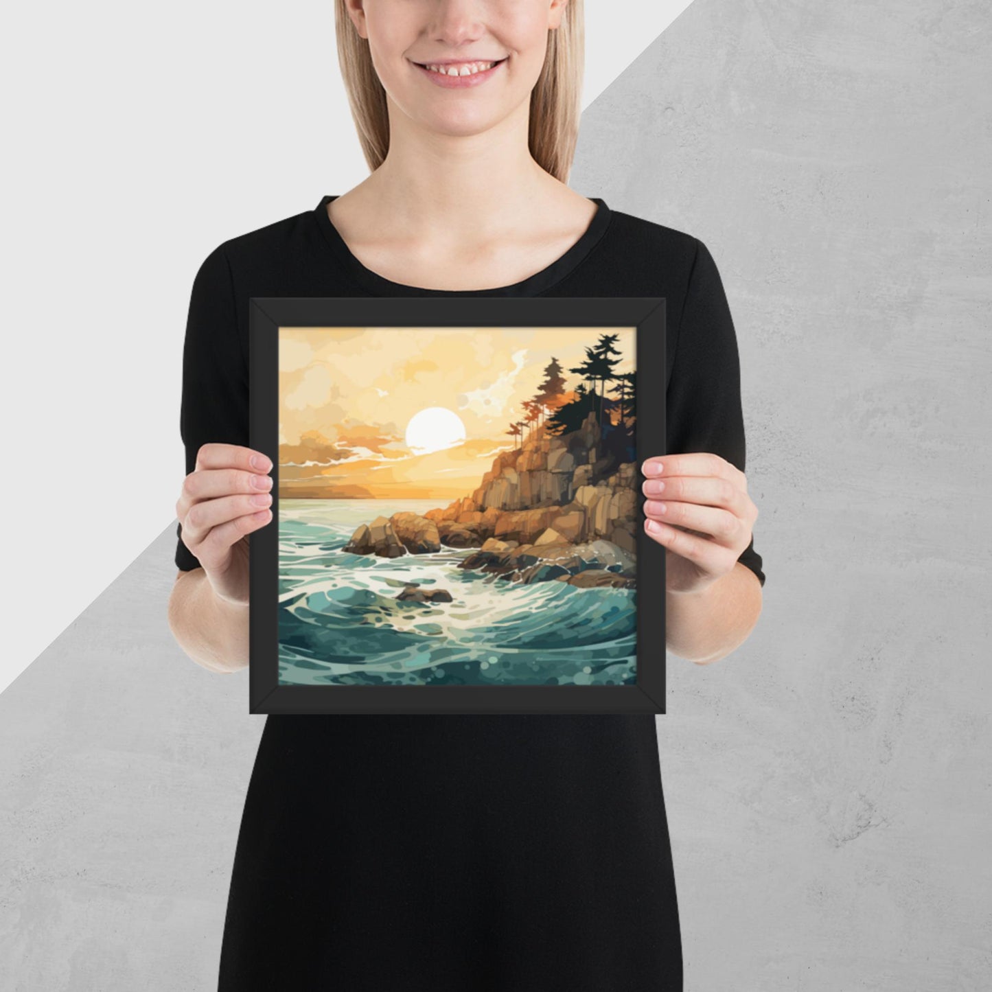 Ocean Rocks Sunset Framed Poster