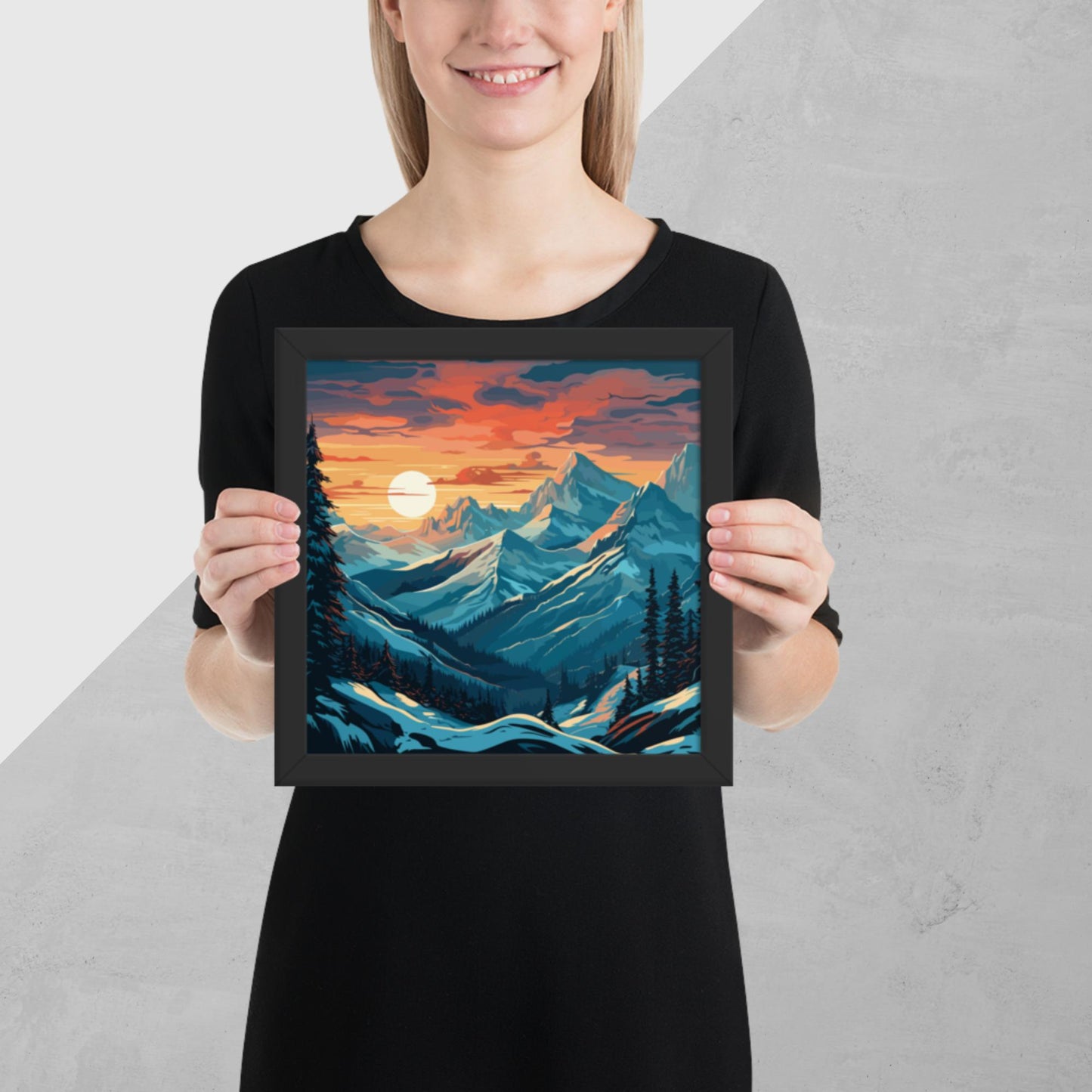 Snowy Mountain Sunset Framed Poster