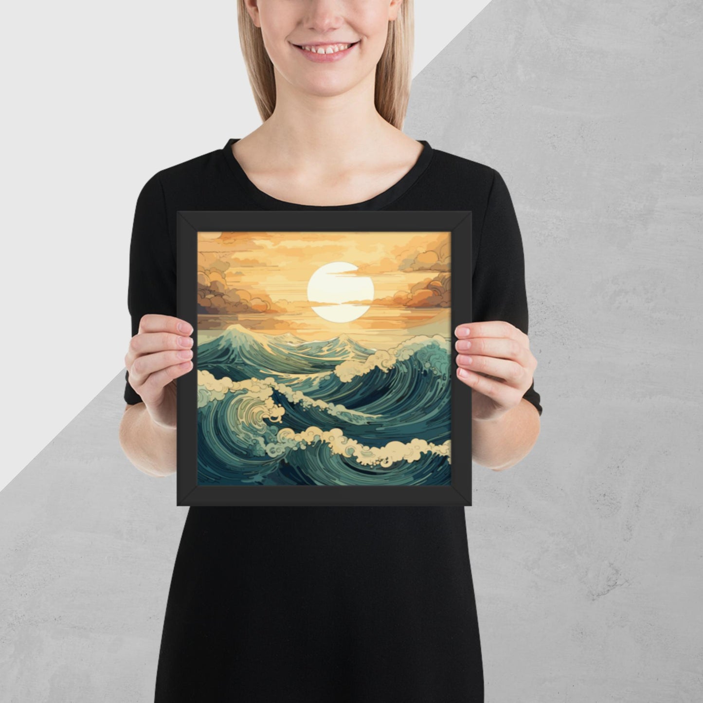 Wavy Sea Sunset Framed Poster