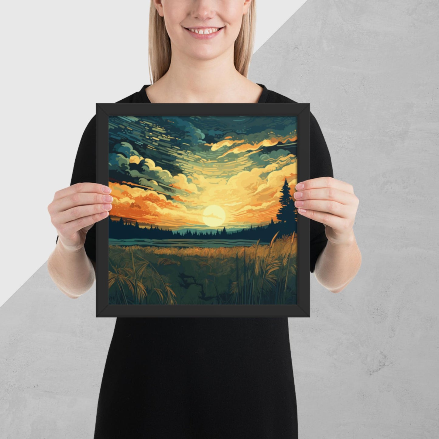 Crop Field Sunset Framed Poster