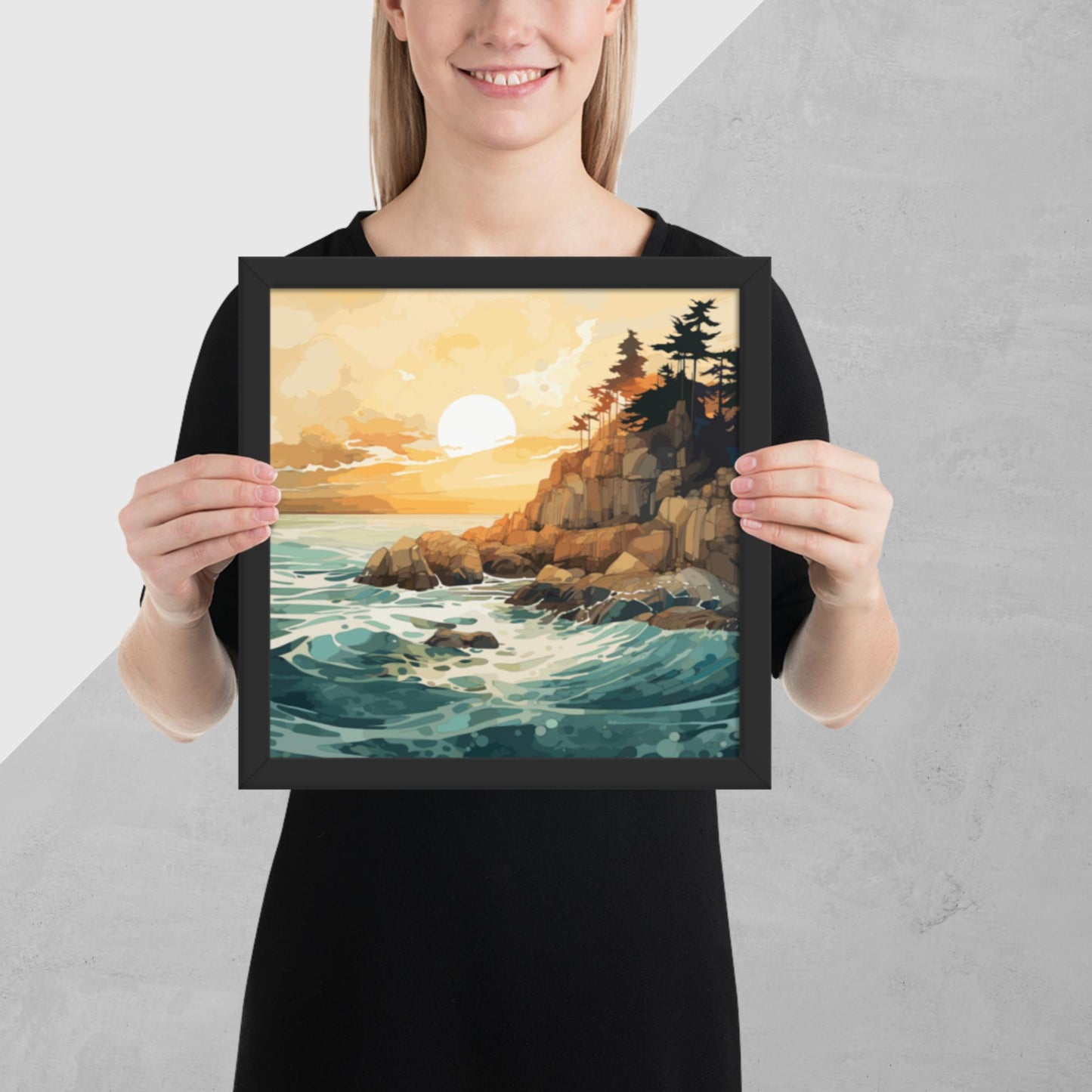 Ocean Rocks Sunset Framed Poster
