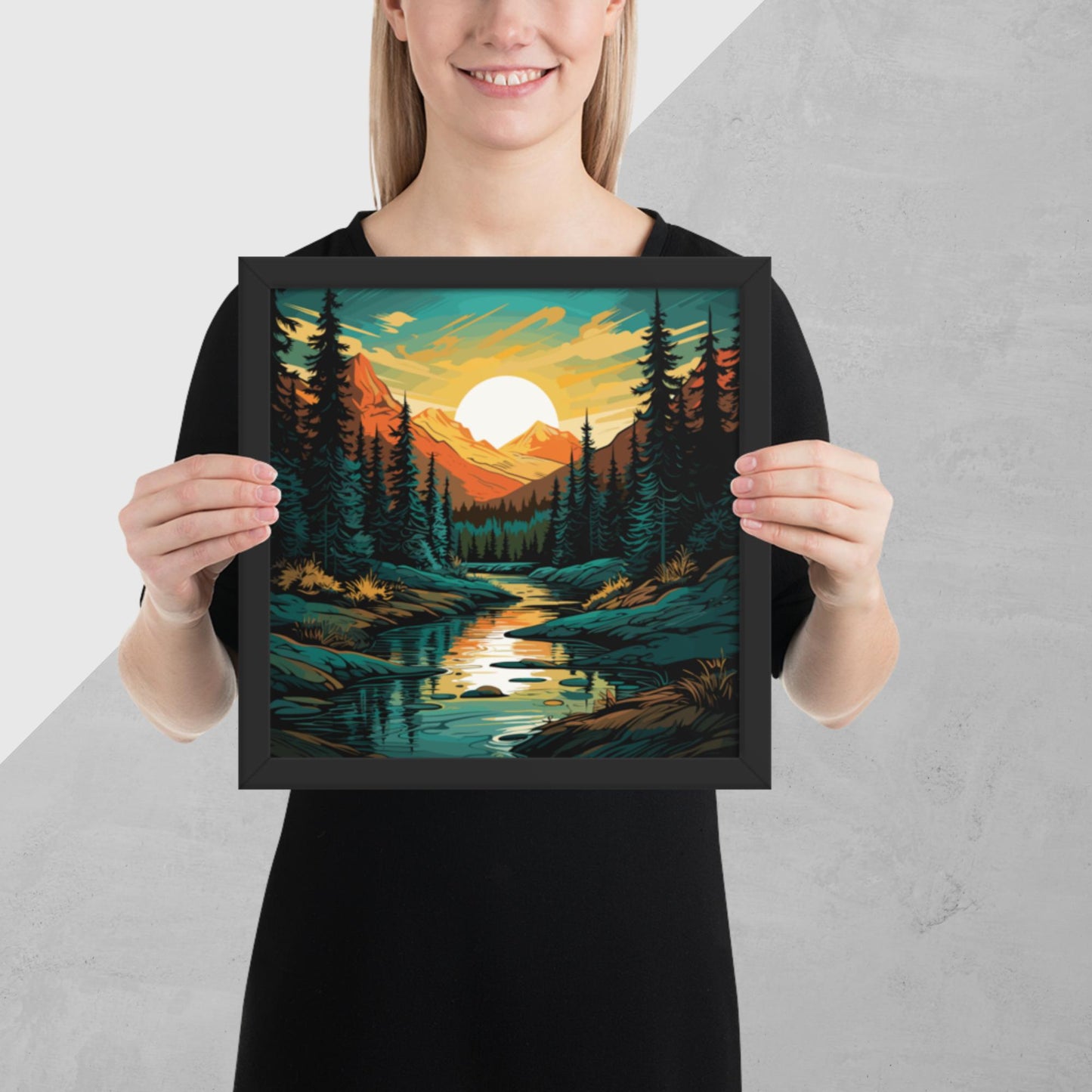 Forest Mountain River Framed Poster