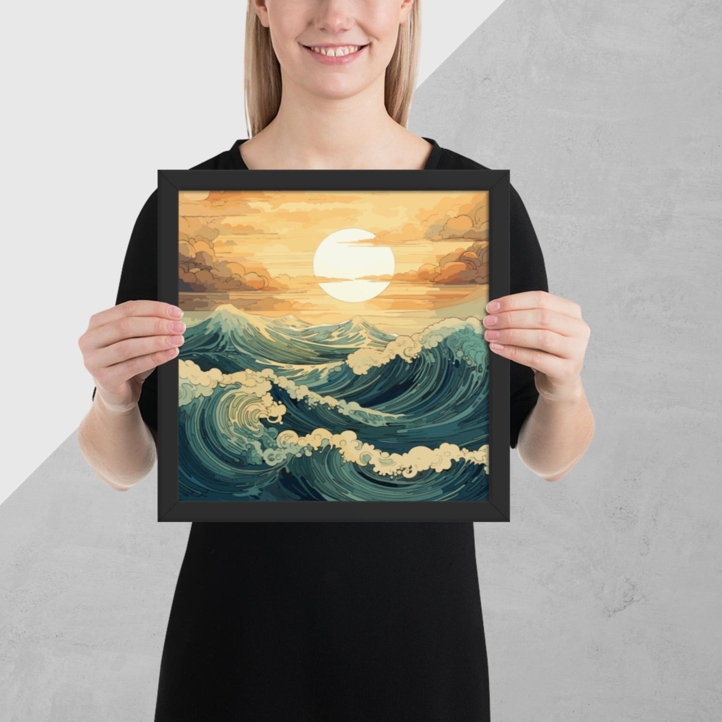 Wavy Sea Sunset Framed Poster
