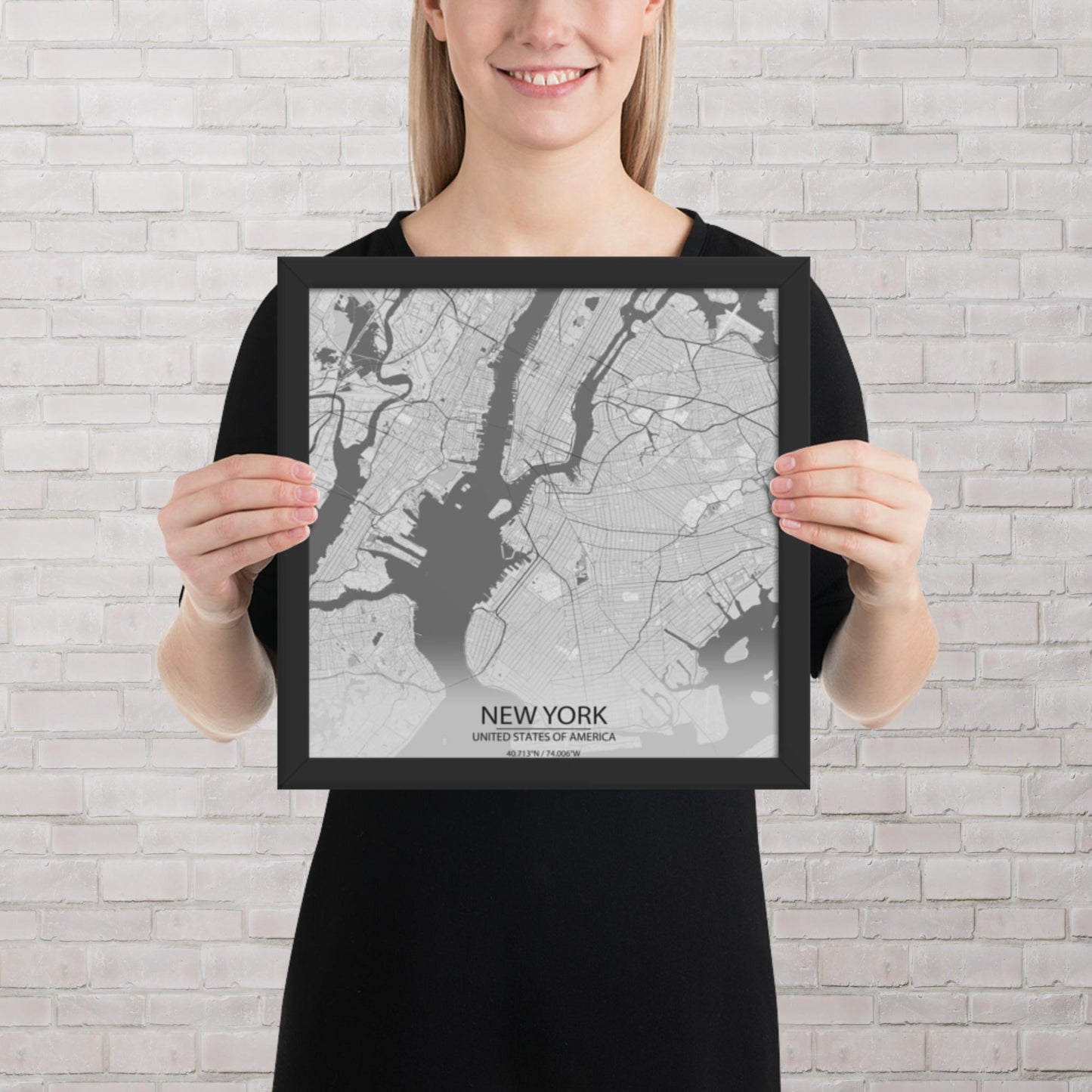 New York Light Grey Framed Map