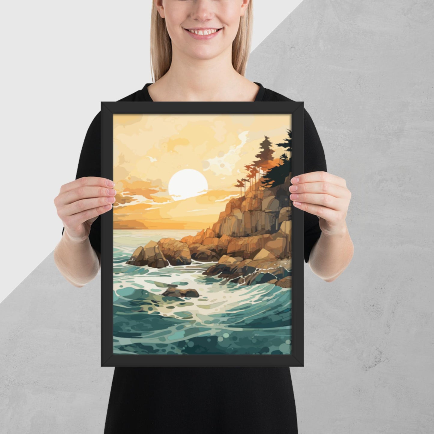 Ocean Rocks Sunset Framed Poster