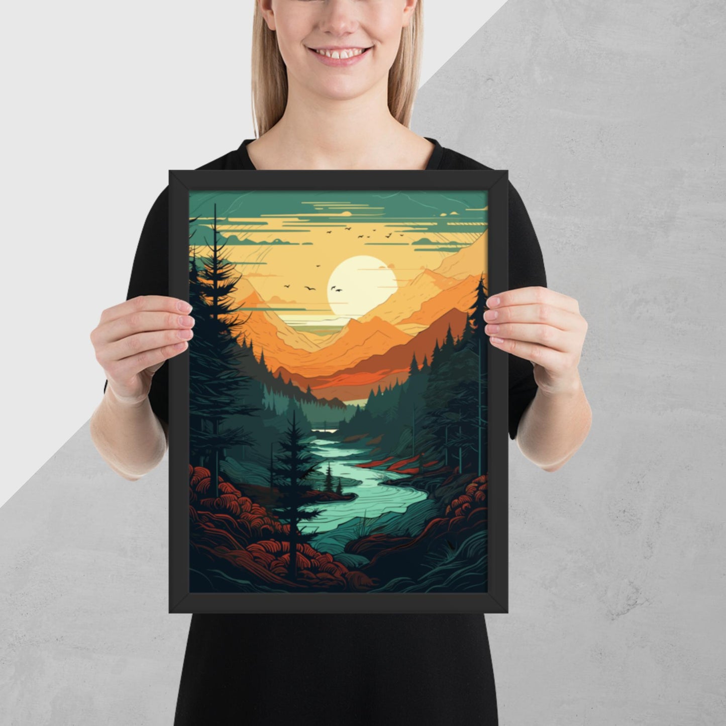 Forest River Sunset Framed Poster