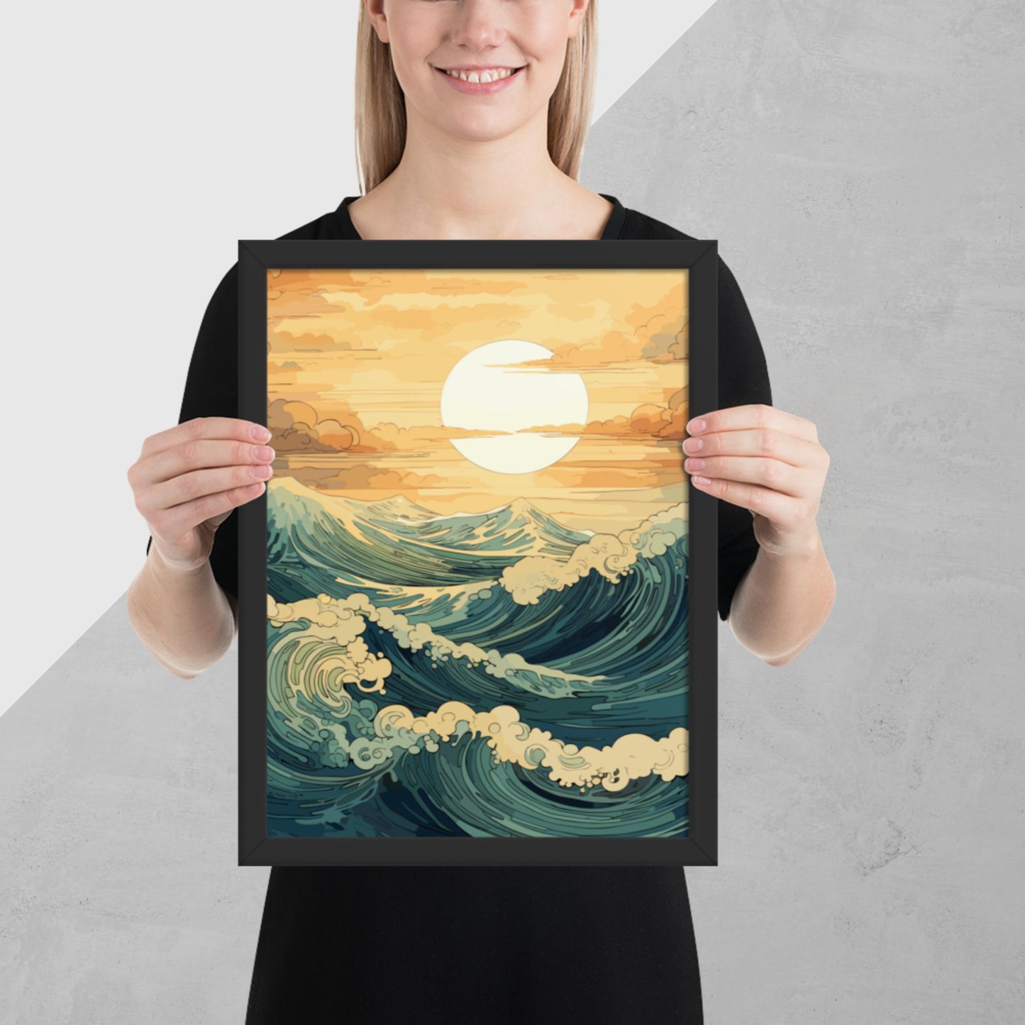 Wavy Sea Sunset Framed Poster