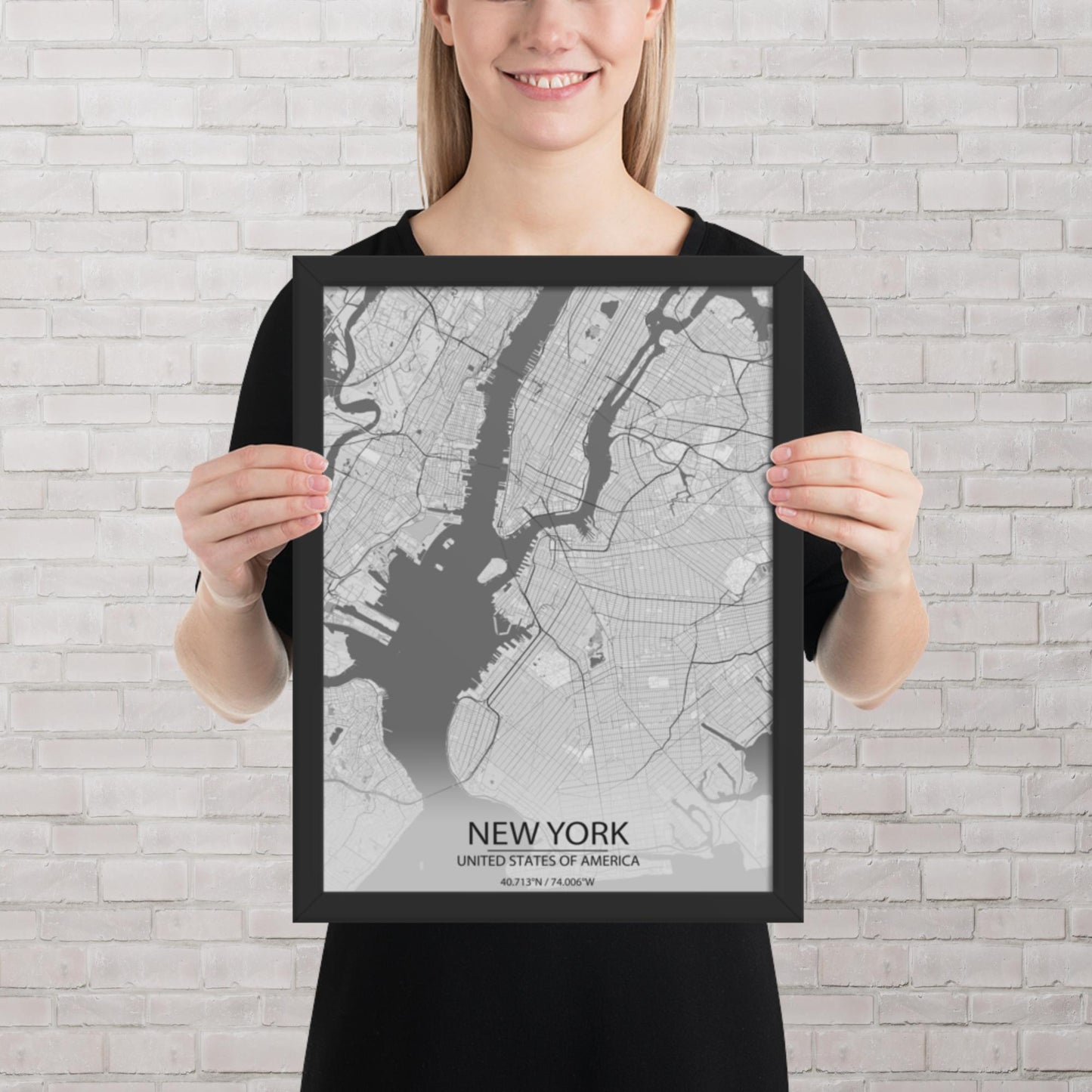 New York Light Grey Framed Map