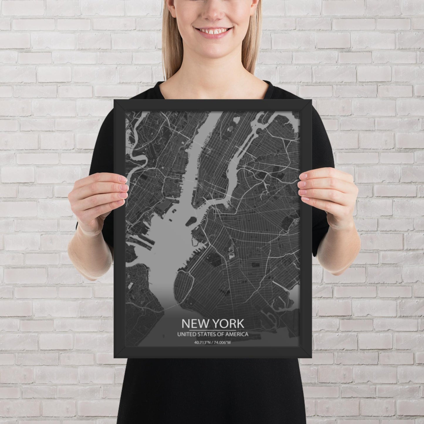 New York Dark Grey Framed Map