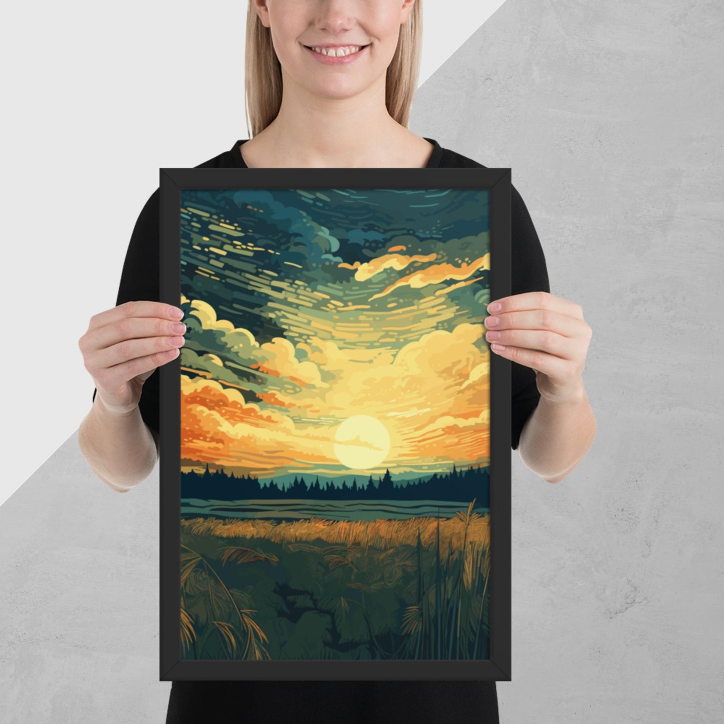 Crop Field Sunset Framed Poster