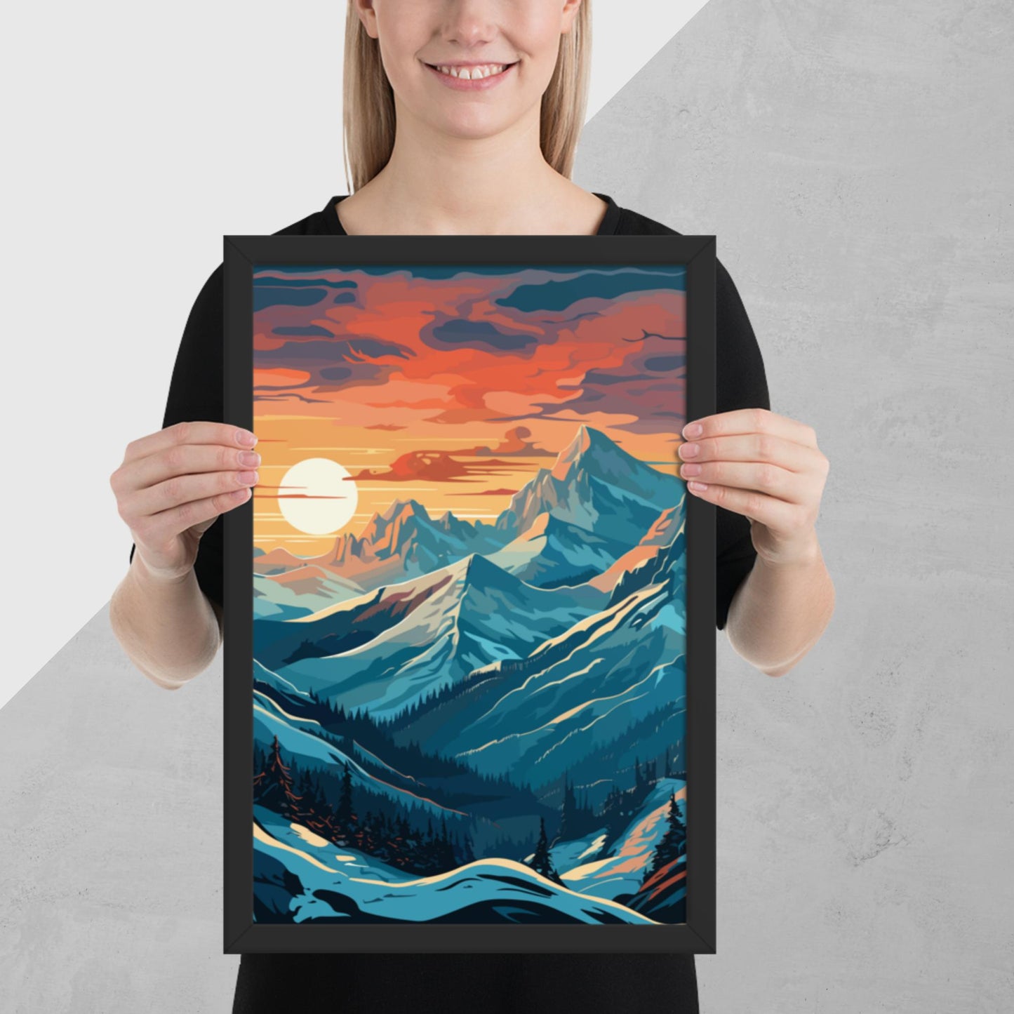 Snowy Mountain Sunset Framed Poster