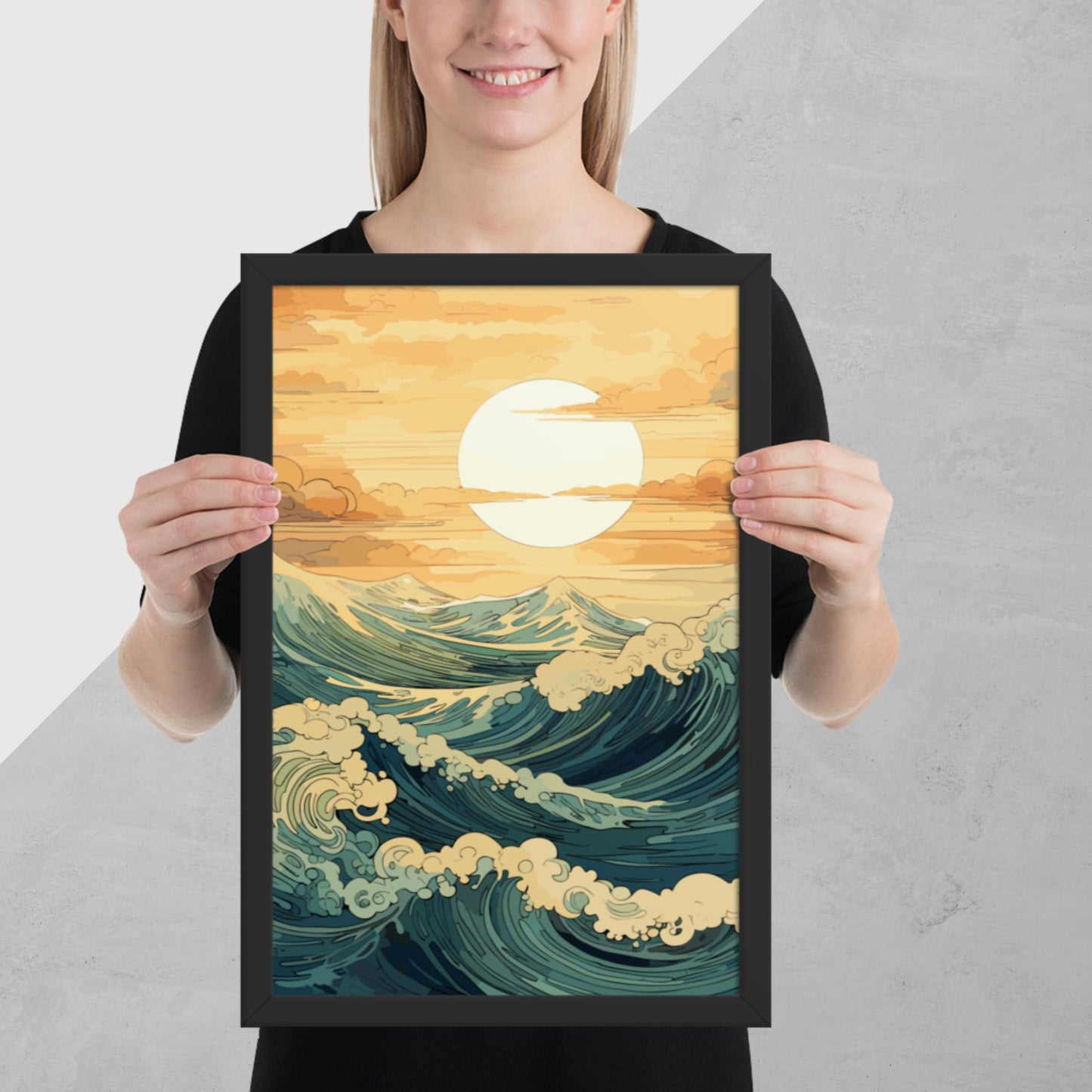 Wavy Sea Sunset Framed Poster