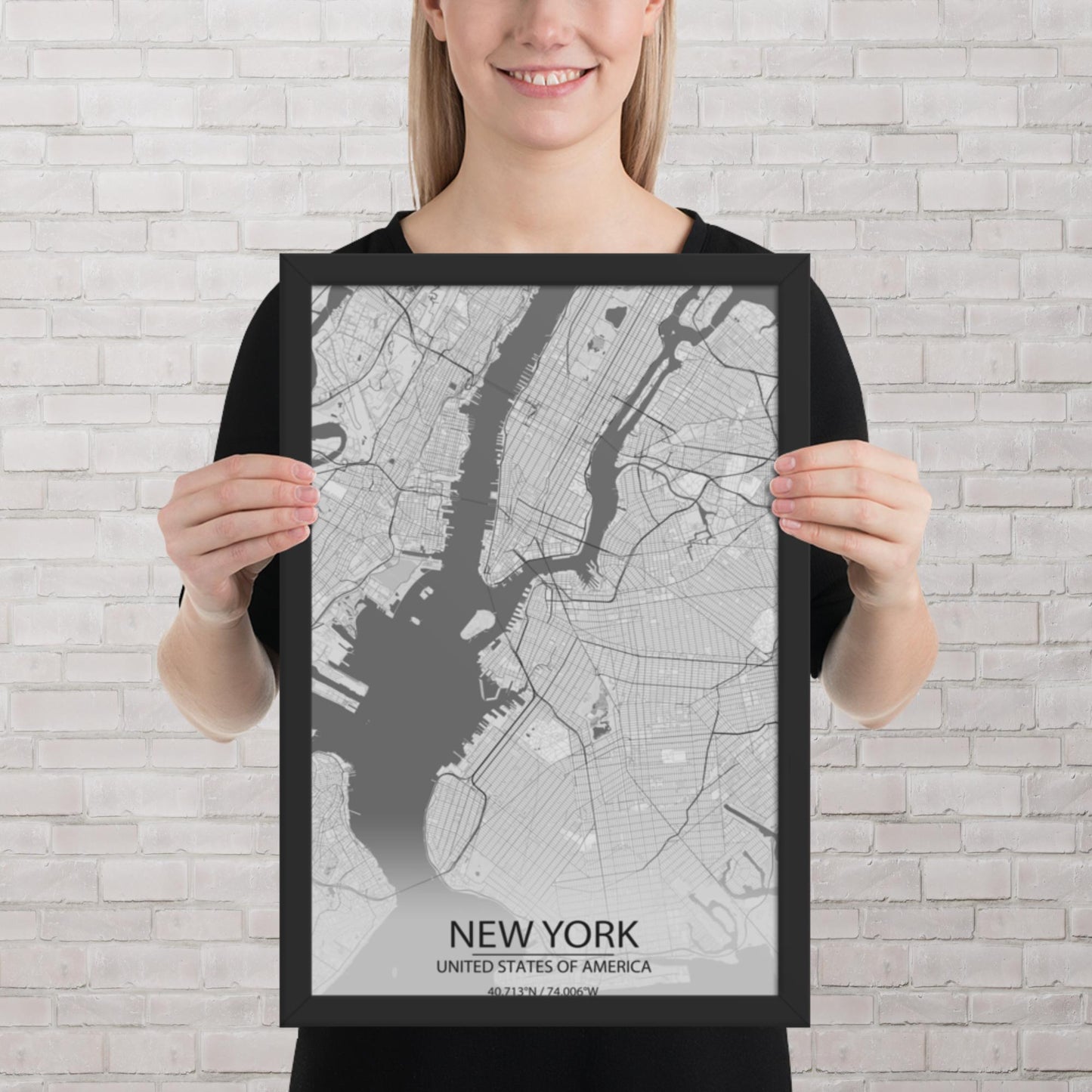 New York Light Grey Framed Map