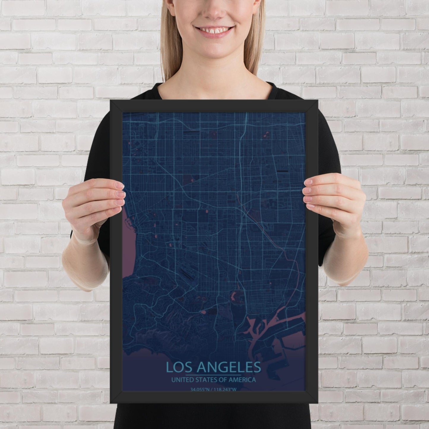 Los Angeles Blue and Purple Framed Map