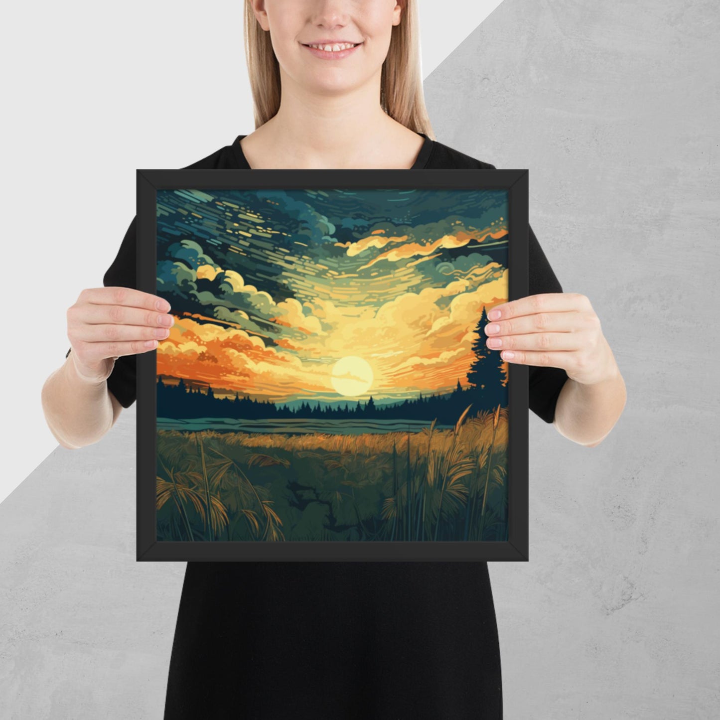 Crop Field Sunset Framed Poster