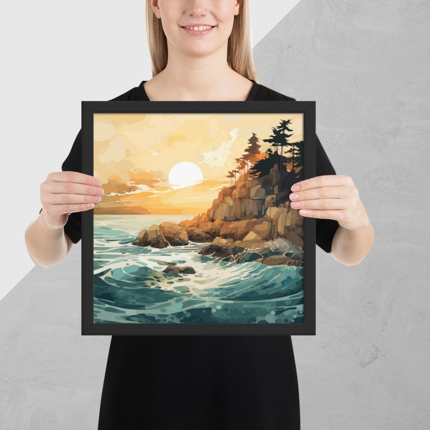 Ocean Rocks Sunset Framed Poster