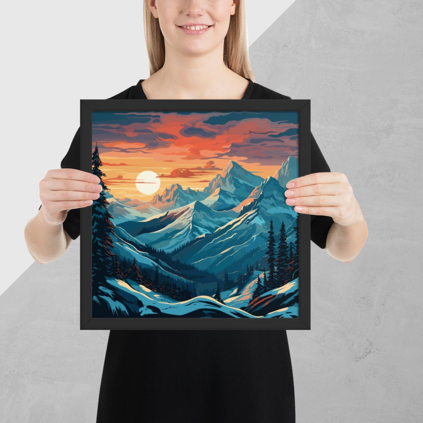 Snowy Mountain Sunset Framed Poster