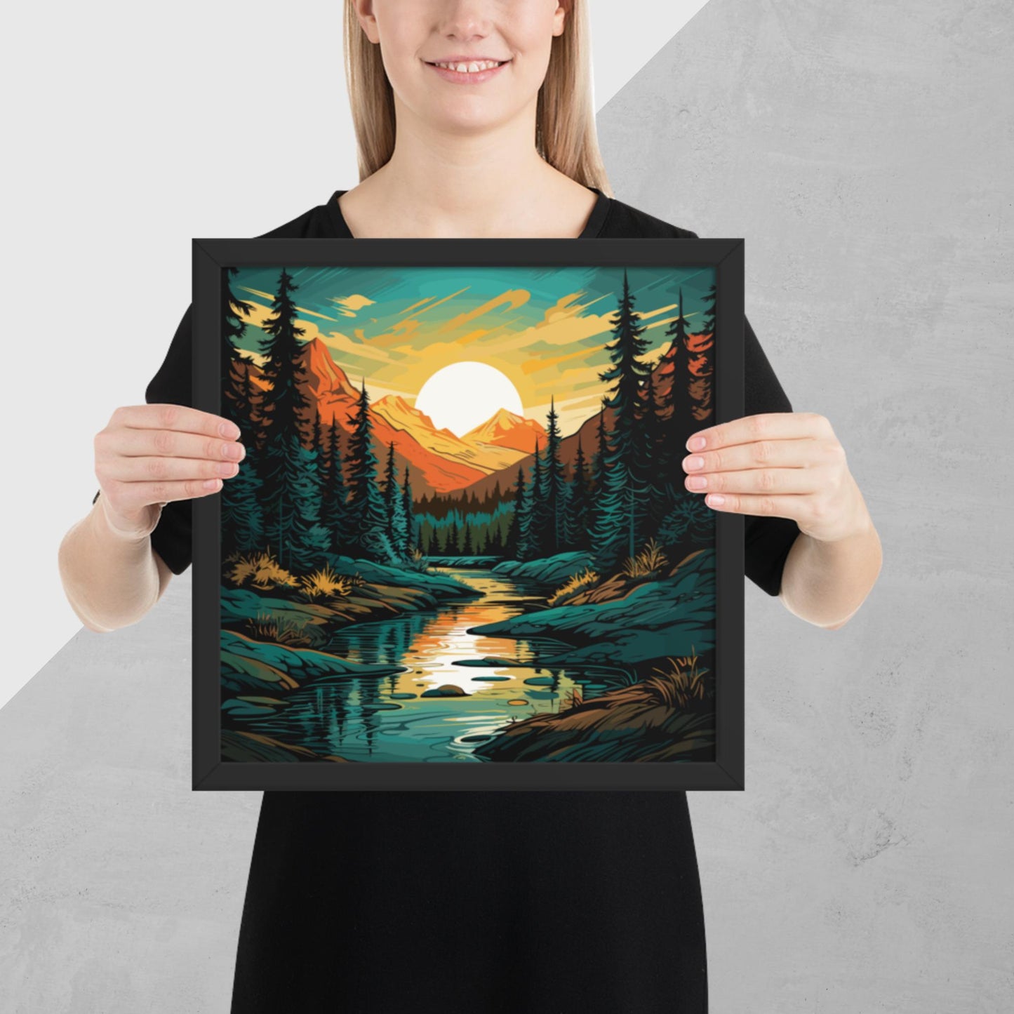 Forest Mountain River Framed Poster