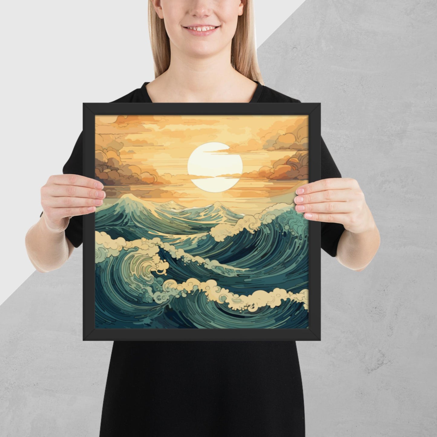 Wavy Sea Sunset Framed Poster