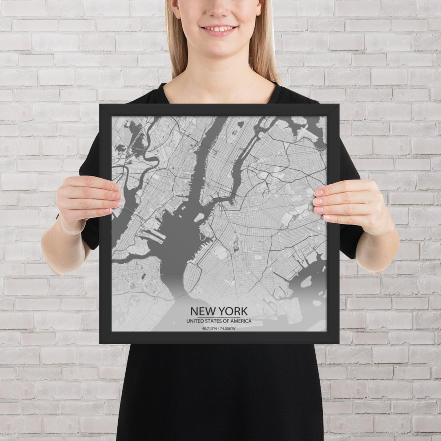 New York Light Grey Framed Map