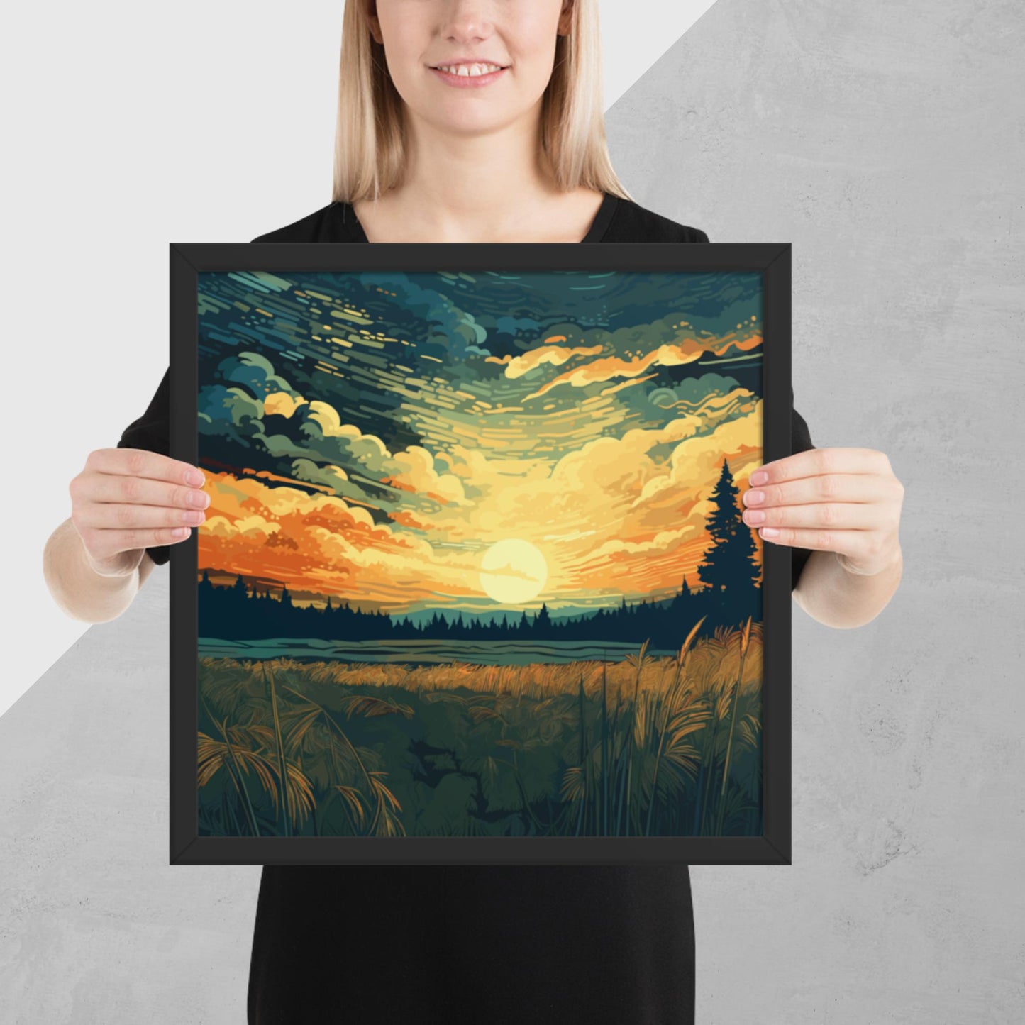 Crop Field Sunset Framed Poster