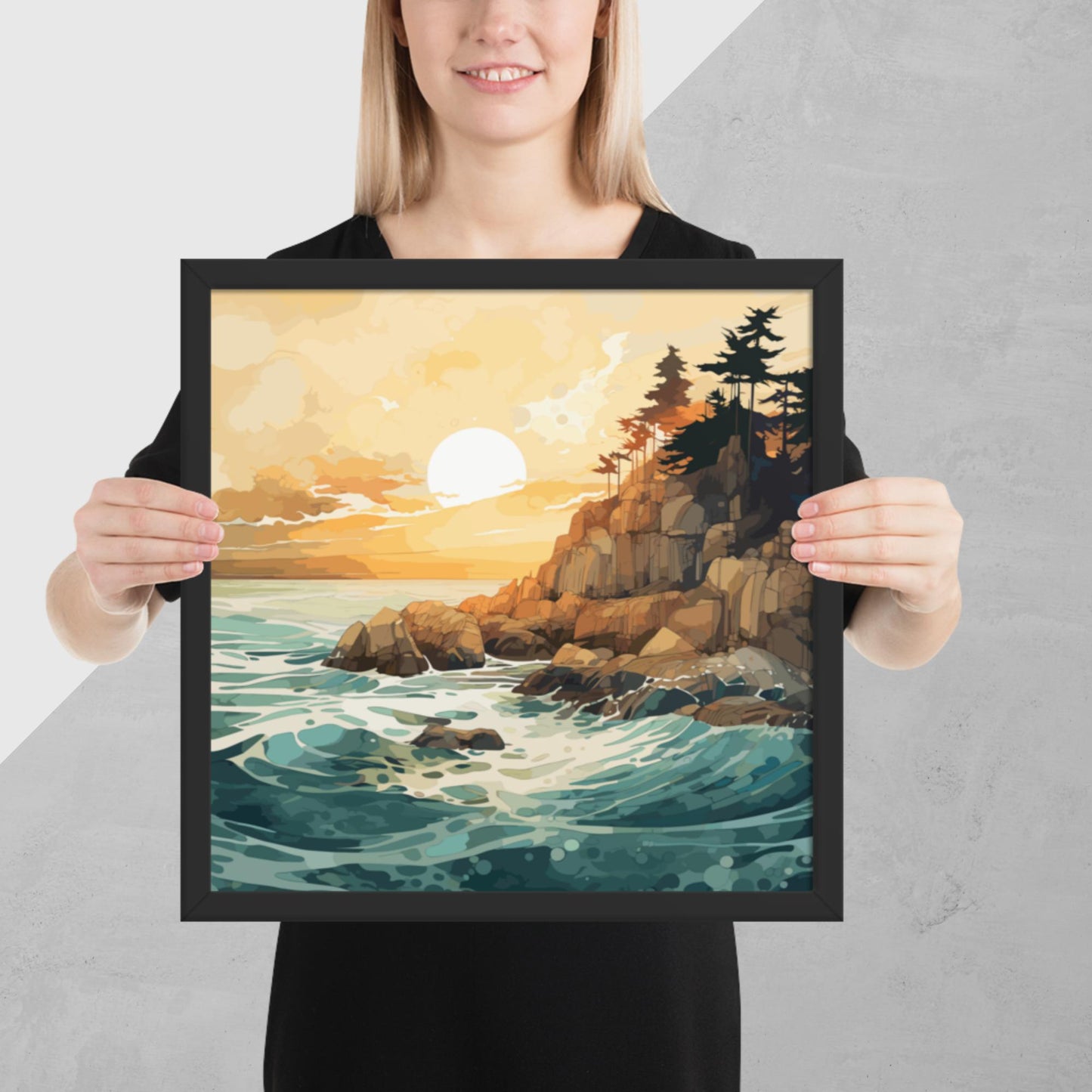 Ocean Rocks Sunset Framed Poster