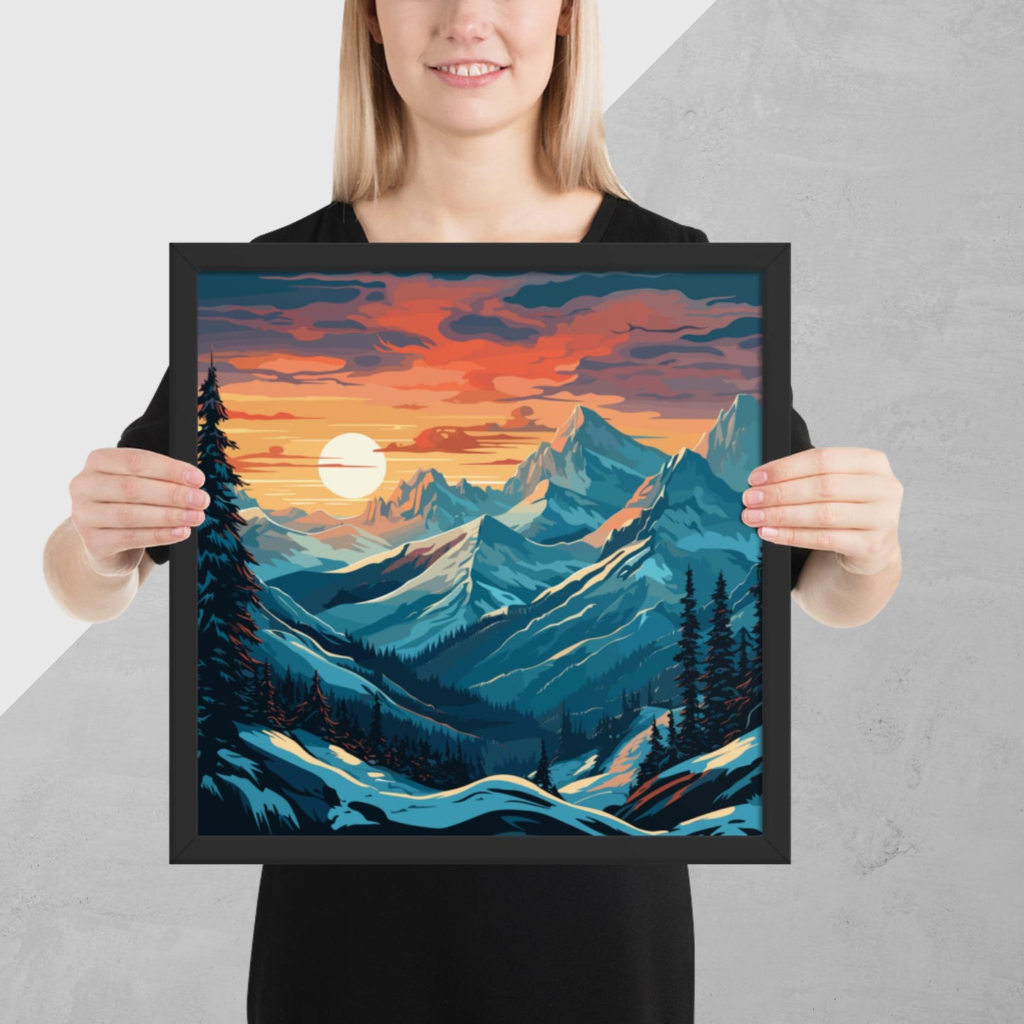 Snowy Mountain Sunset Framed Poster