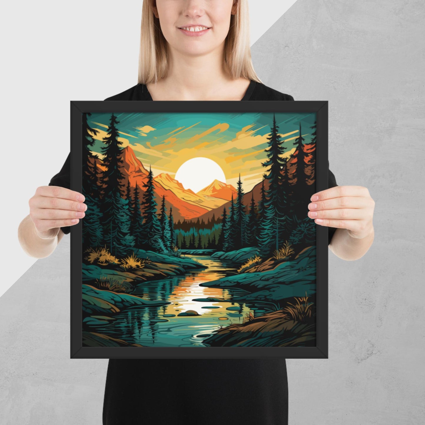 Forest Mountain River Framed Poster