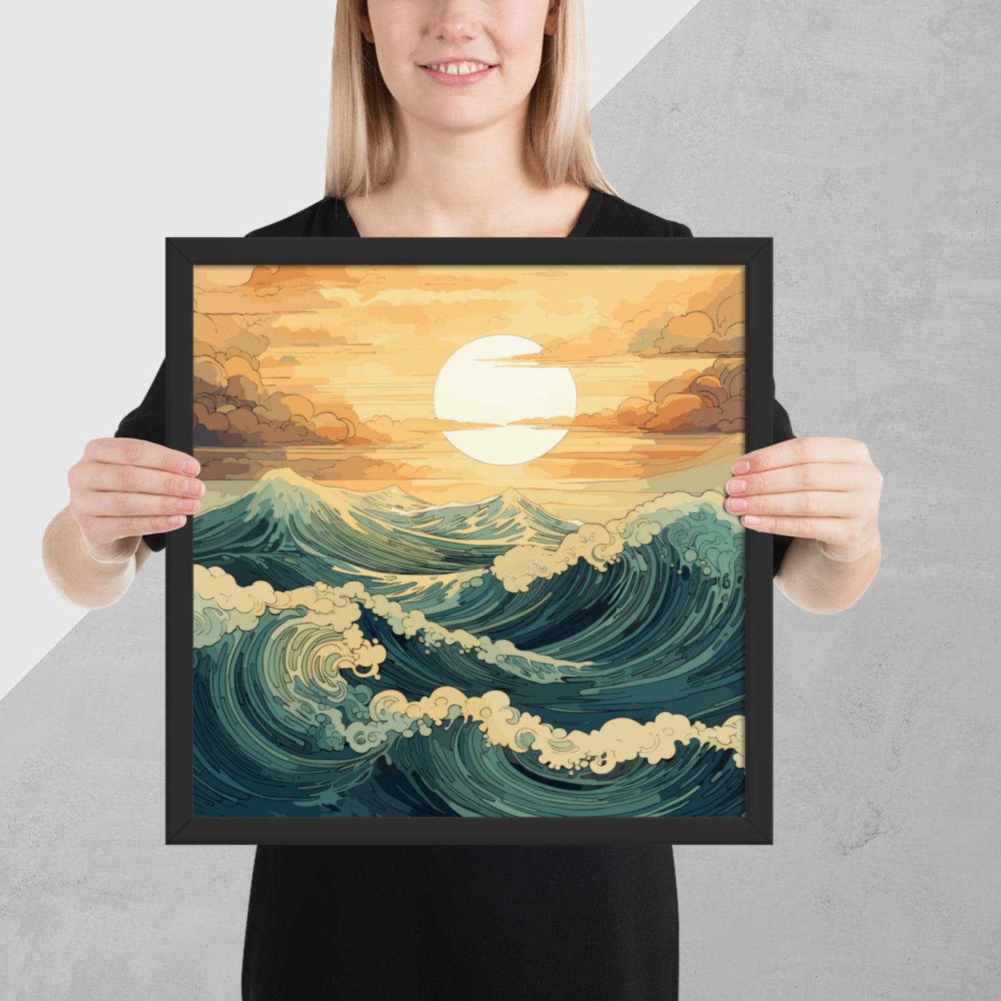 Wavy Sea Sunset Framed Poster