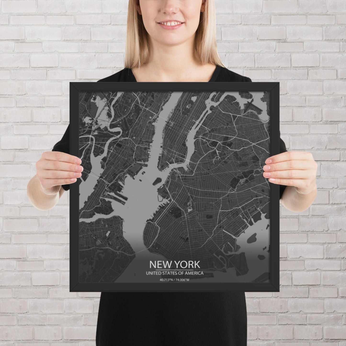 New York Dark Grey Framed Map