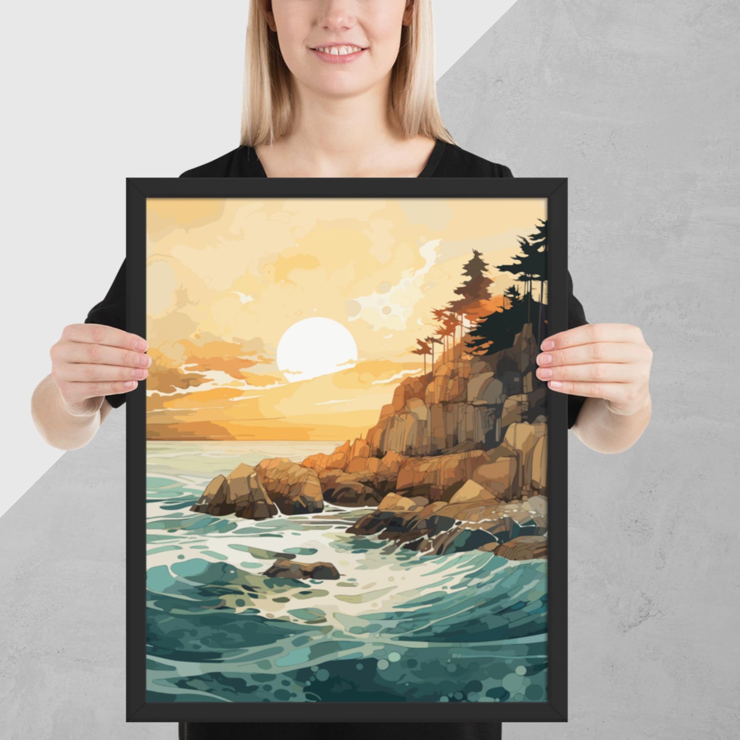 Ocean Rocks Sunset Framed Poster