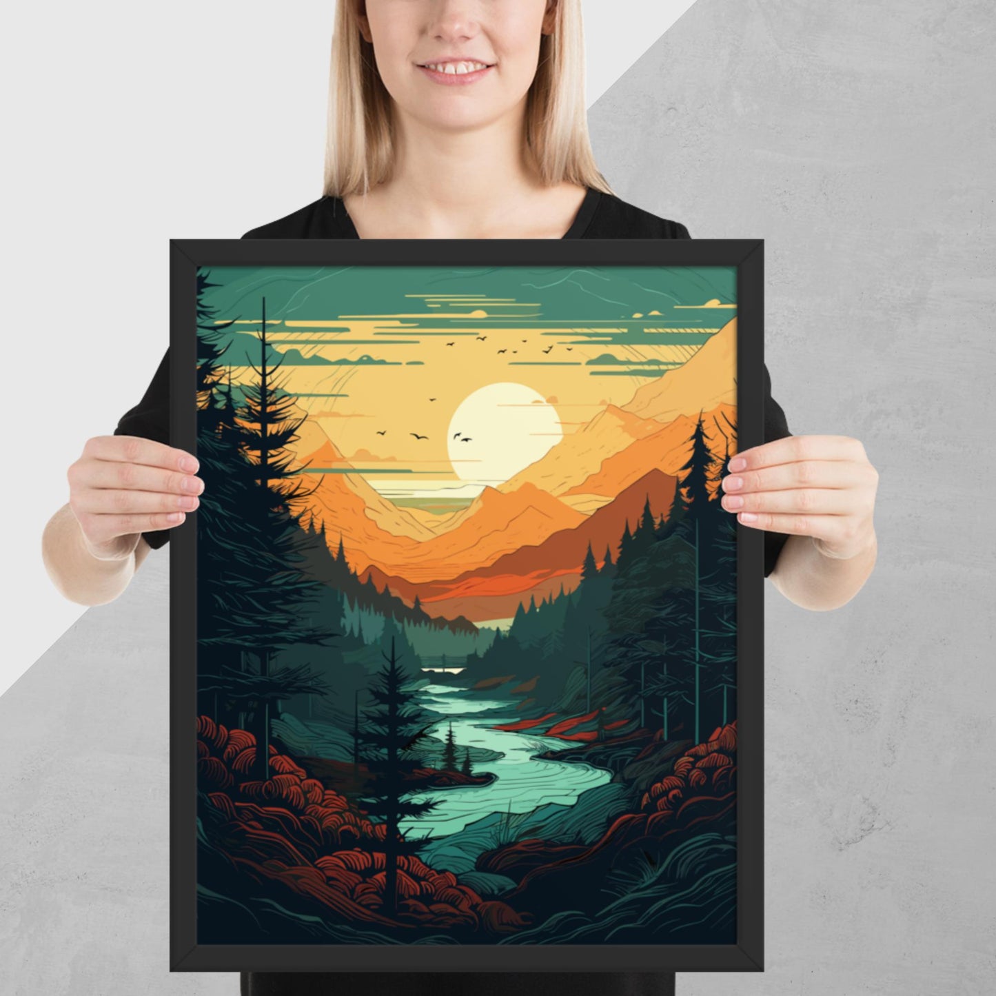Forest River Sunset Framed Poster