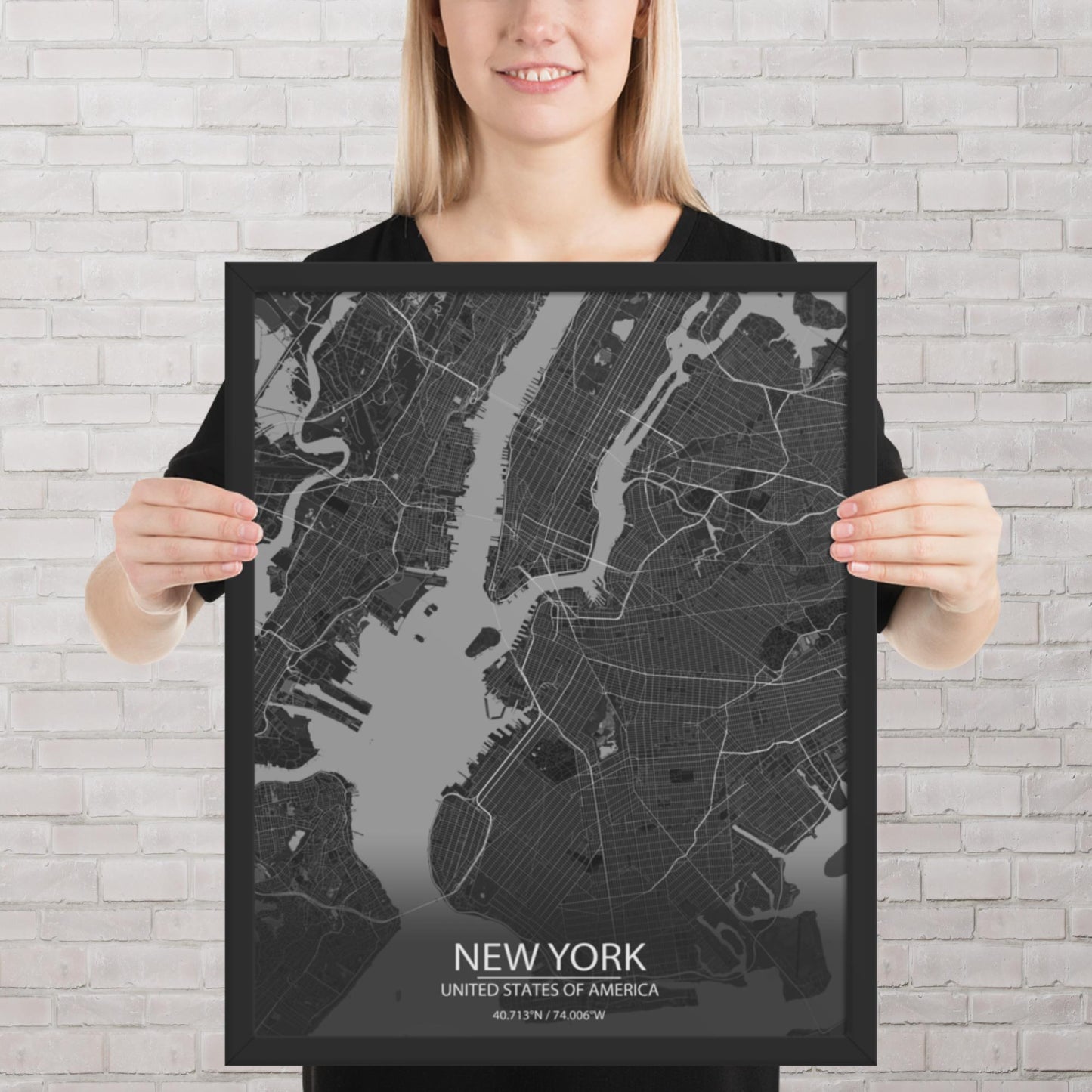 New York Dark Grey Framed Map