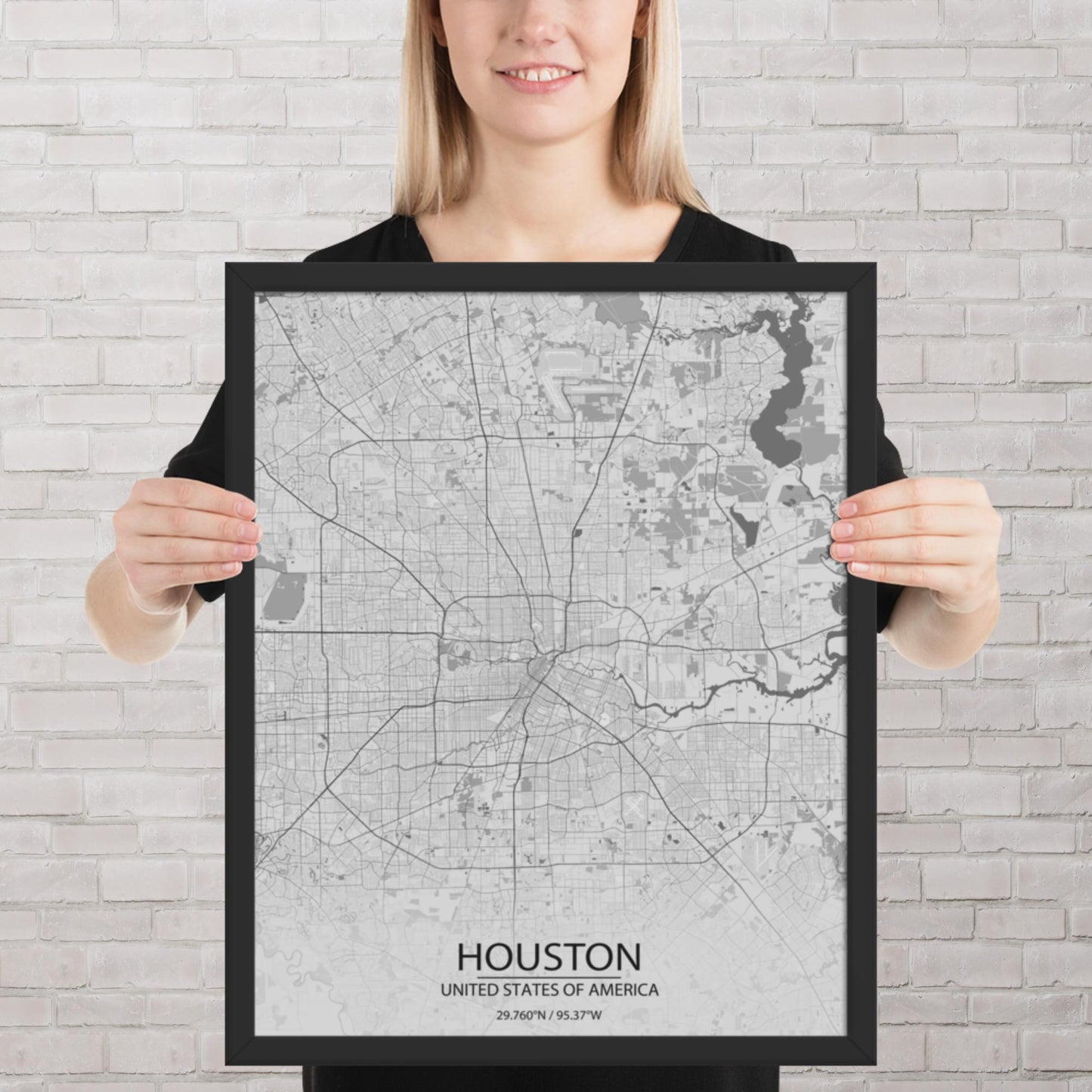 Houston Light Grey Framed Map