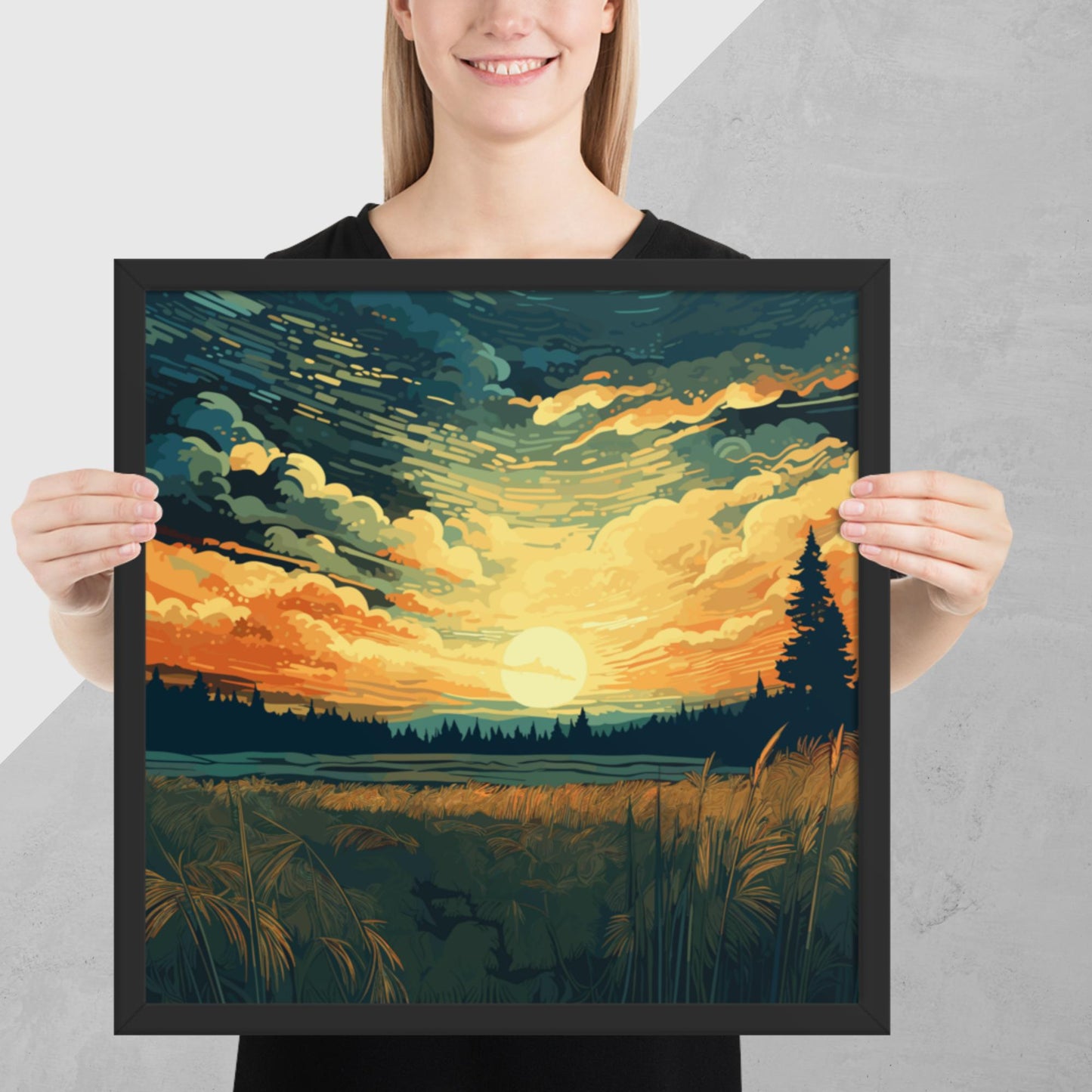 Crop Field Sunset Framed Poster