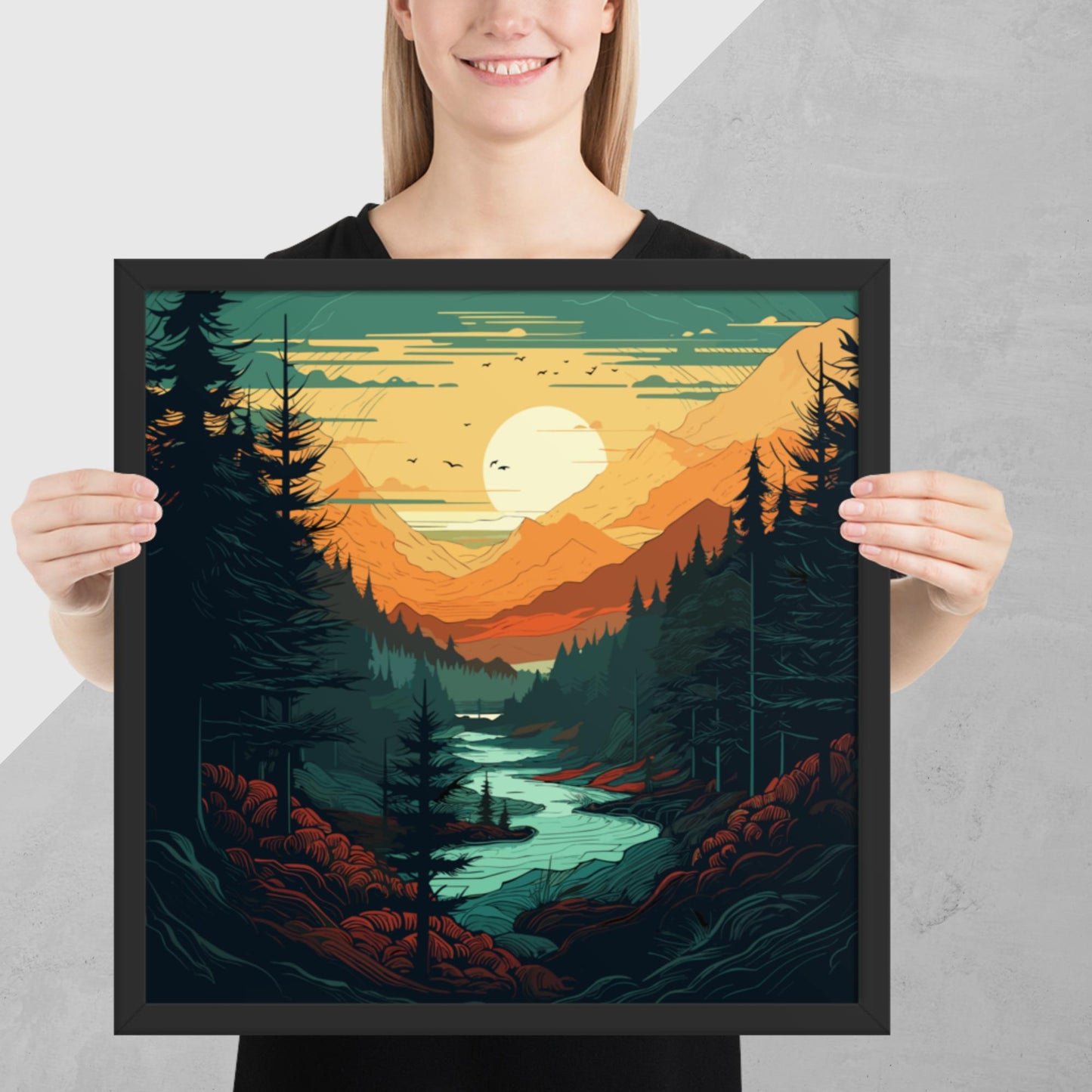Forest River Sunset Framed Poster