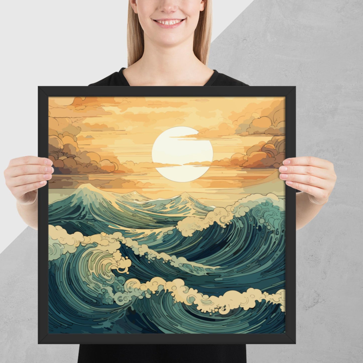 Wavy Sea Sunset Framed Poster