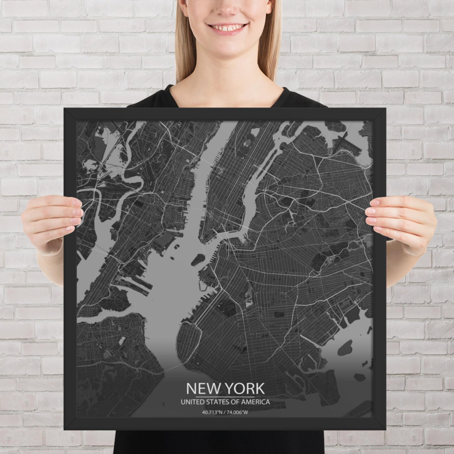 New York Dark Grey Framed Map